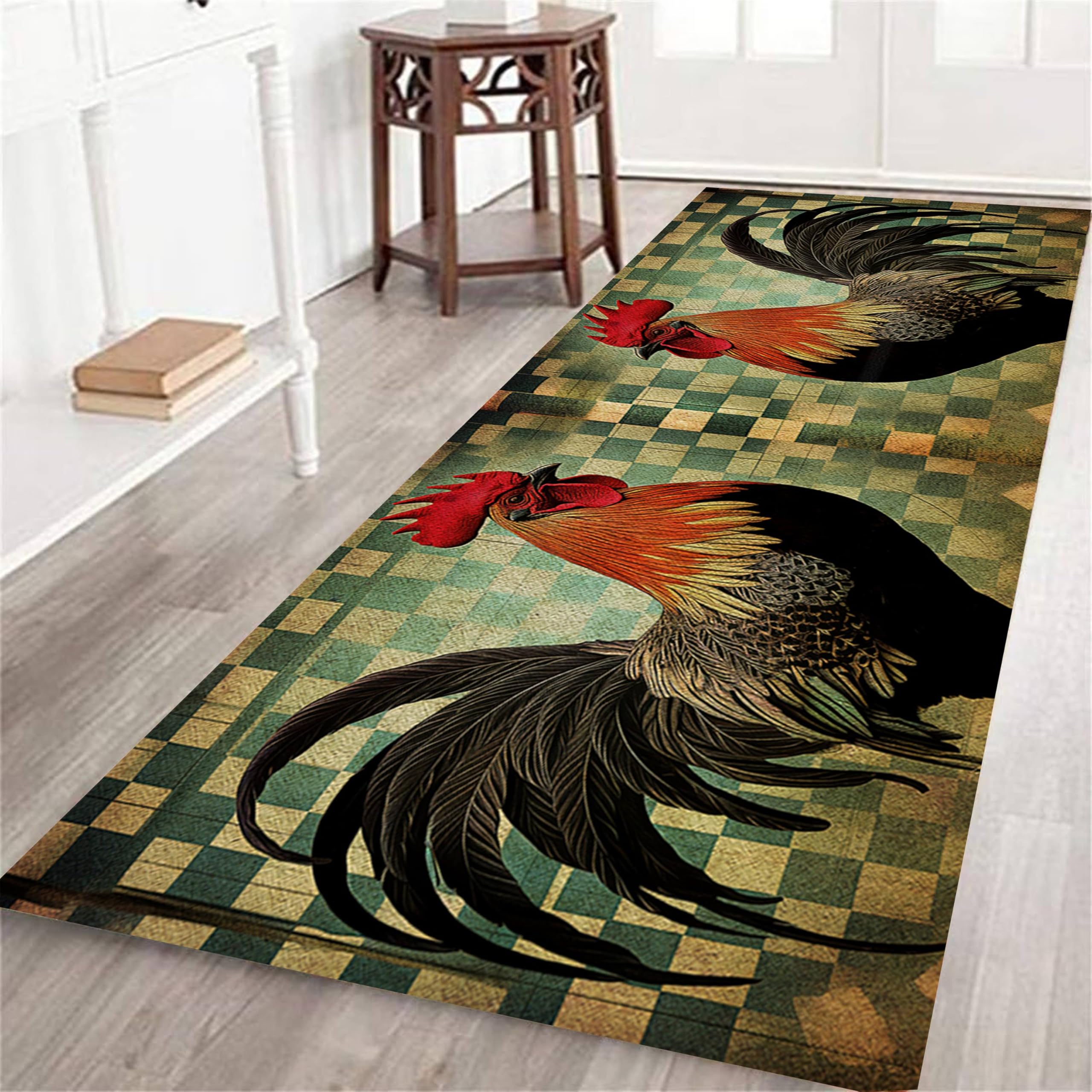 Srocvi Retro Chicken Runner Rug Rustic Lodge Rooster Hen and Cyan White Geometric Print Carpets Modern Non-Slip Washable Foldable Long Rugs for