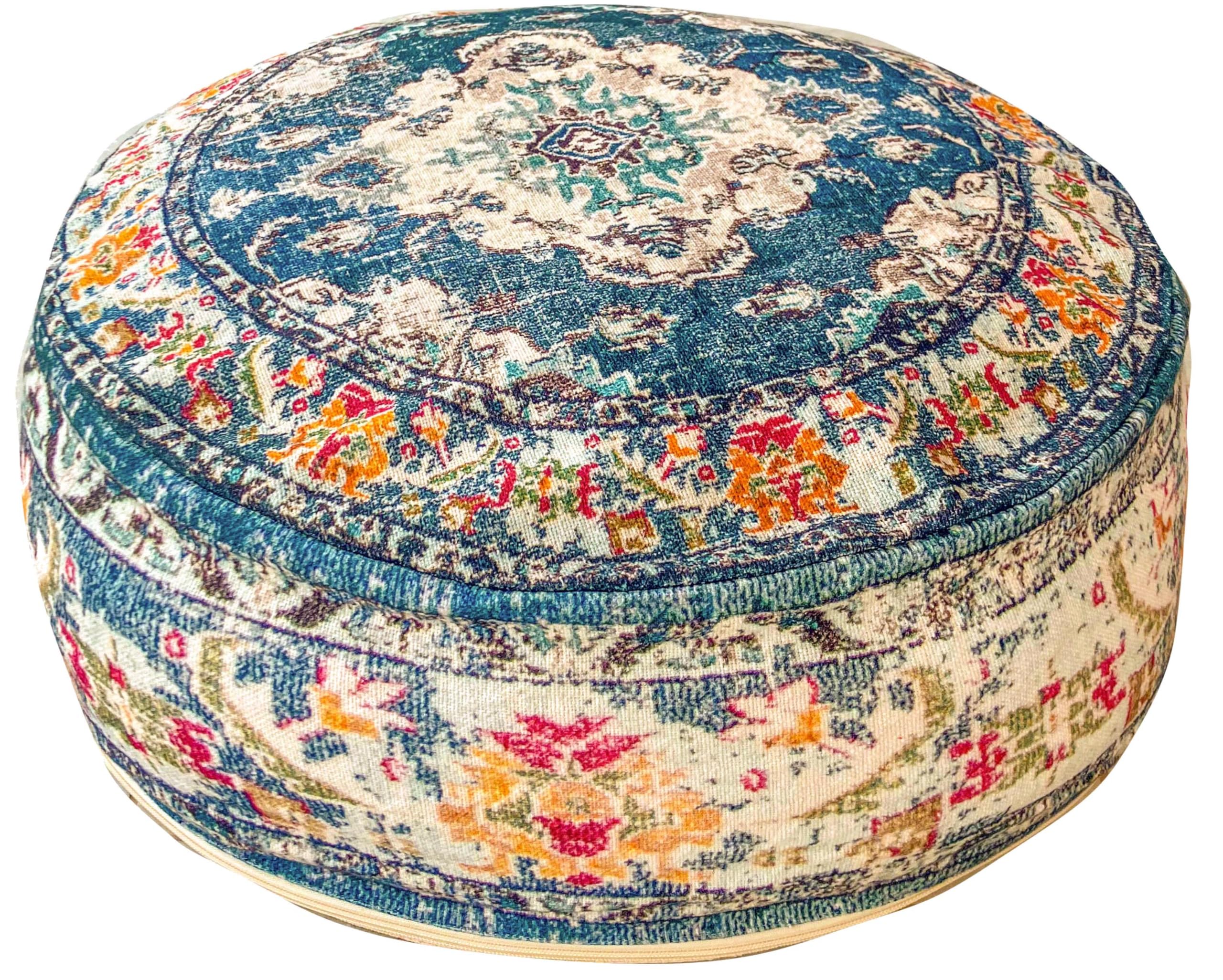 Mandala Life ART Cojín de Piso Bohemian Rug - Solo FundaRedonda 60x20 cm - Puf de decoración de habitación Artesanal de Lujo para meditación, Yoga y Boho Chic Funda de Almohada de Piso para Asientos