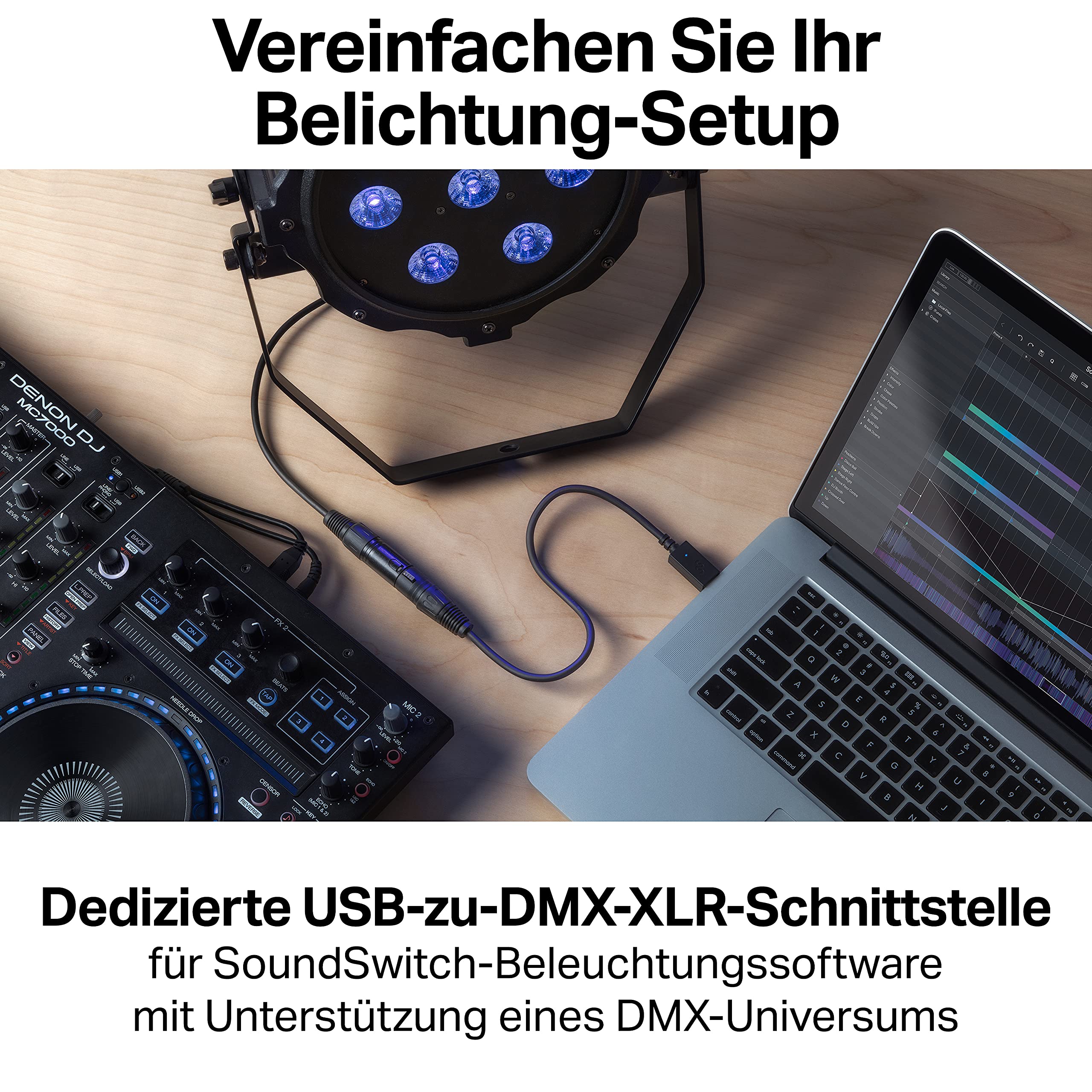Numark Mixtrack Platinum FX + SoundSwitch Micro DMX Schnittstelle – DJ-Controller für Serato DJ mit 4-Deck Kontrolle + USB-zu-DMX-Interface mit 3 Monaten freiem SoundSwitch-Software-Zugriff