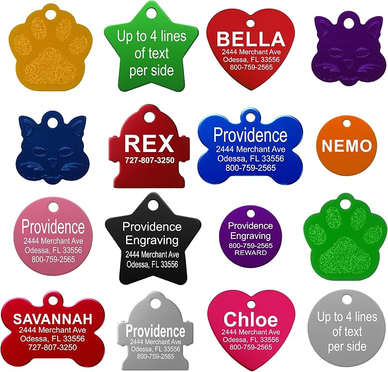 Custom Engraved Aluminum Pet Tags, Cat & Dog ID Tags | Cat & Dog Tags Personalized for Pets, Laser Engraving, 4 Lines of Text, Includes Split Ring, 9 Colors, 8 Shapes & 2 Sizes