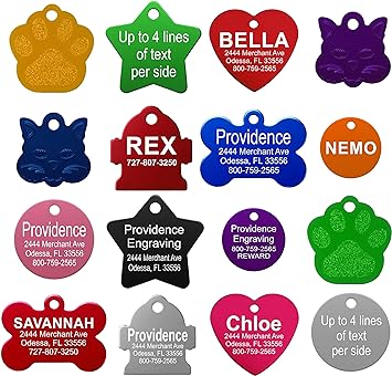 Providence Engraving Pet ID Tags - Small or Large Personalized Anodized Aluminum Pet Tags in Bone, Round, Star, Heart, Hydrant, Paw and Cat Face Shapes and 9 Colors for Dog and Cat