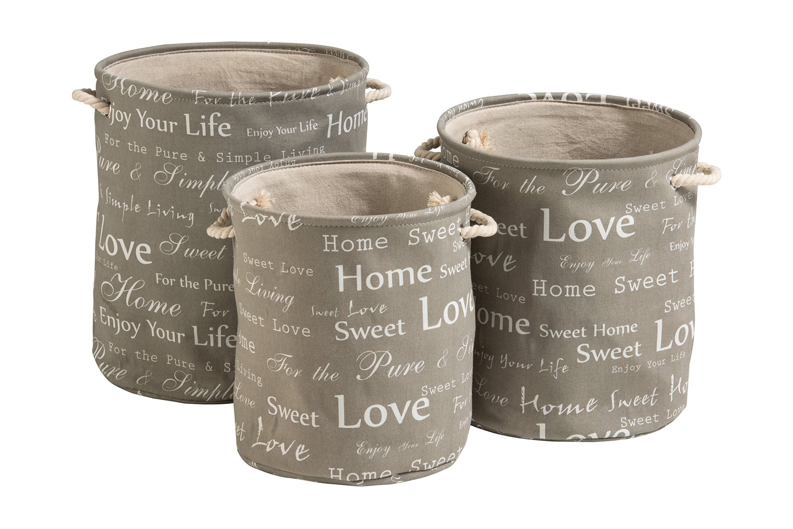 Premier Housewares Set of 3 Laundry Hampers - Grey Canvas Round Baskets with Rope Handles