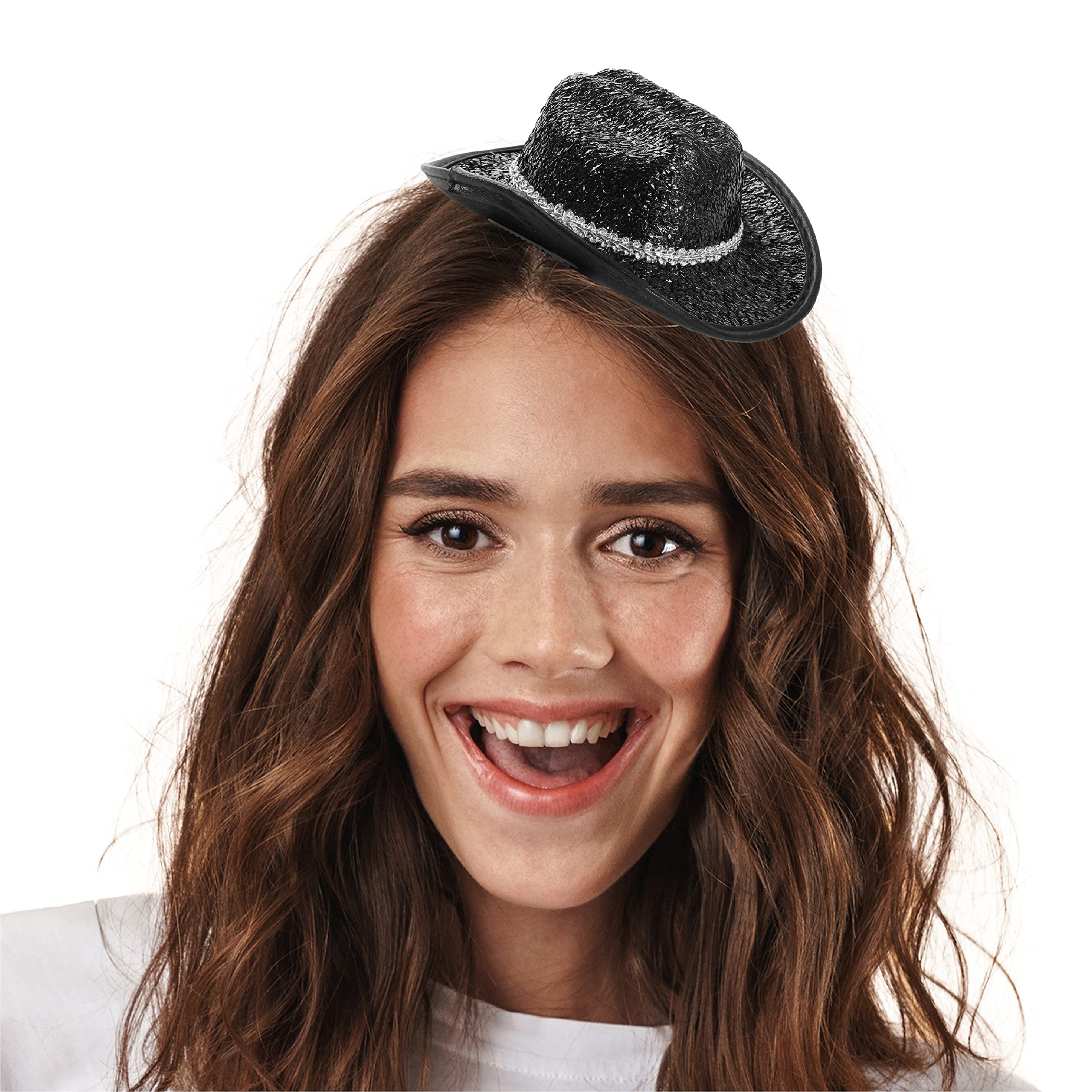 Black Mini Sparkling Cowgirl Hat - Fascinator Style Miniature Black Cowboy Hats - Perfect for Hen Parties and Fancy Dress Costume - Pack Of 5