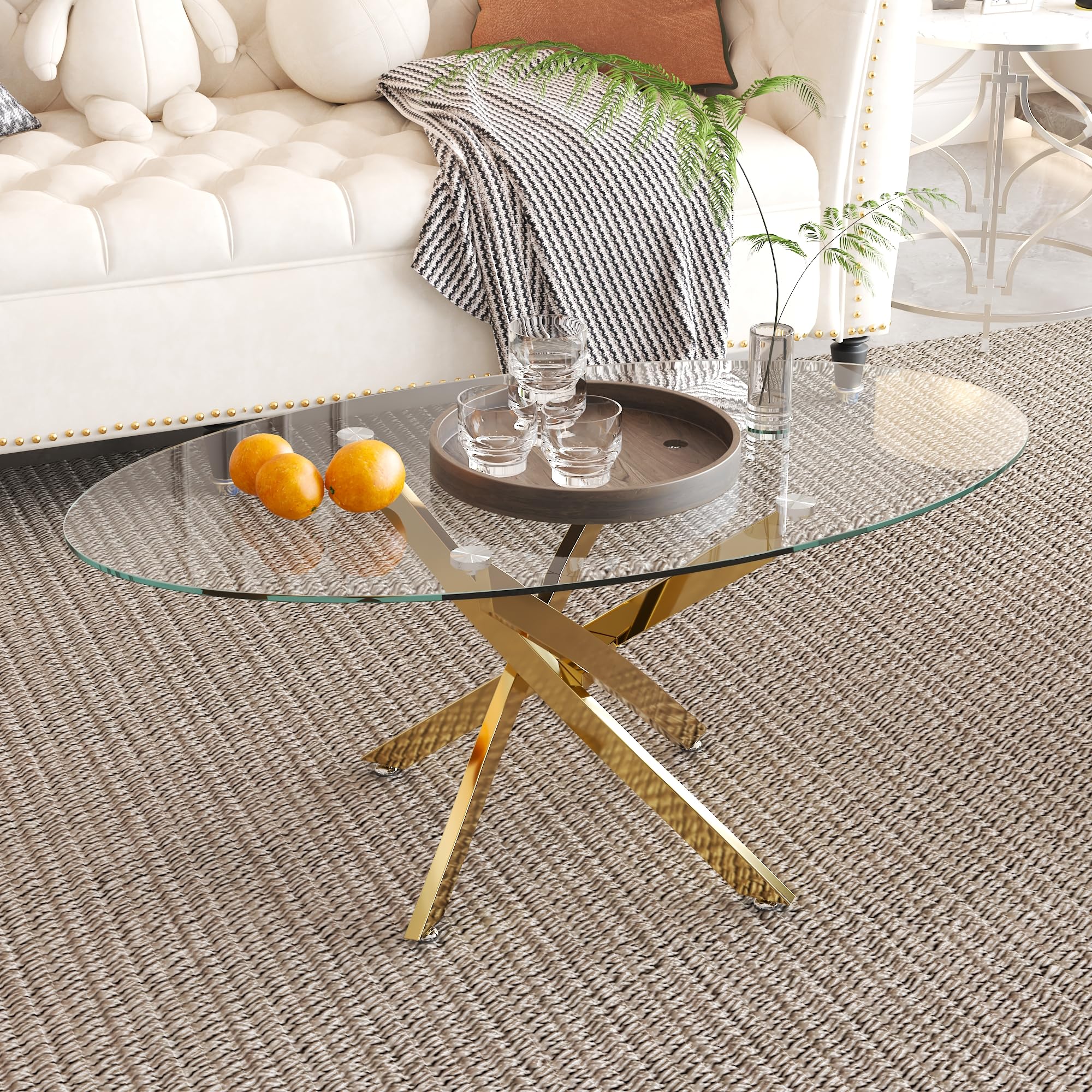 NIERN Glass Coffee Table with Chromed Legs, Oval Modern Living Room Center Table for Home Office Living Room (Gold)