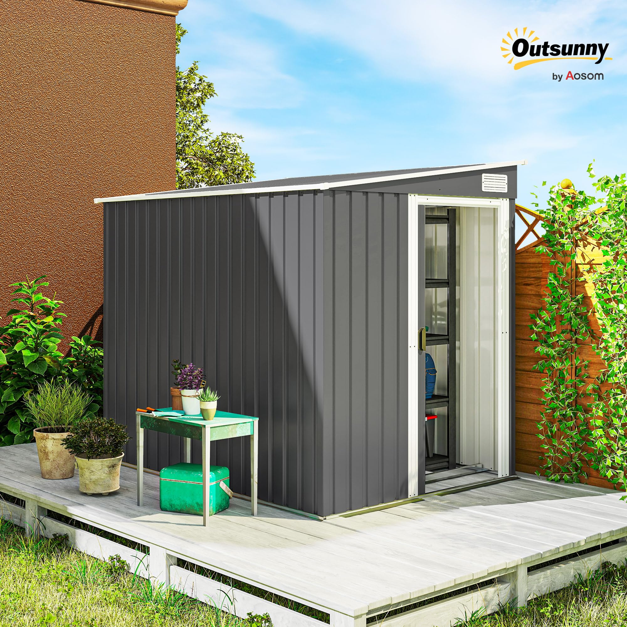 Outsunny Cobertizo de metal de 2,81 m², 154 x 206,5 x 181 cm, cobertizo de jardín con tejado a un agua, base, puerta corredera, resistente a la intemperie, caseta de jardín, para exteriores, jardín