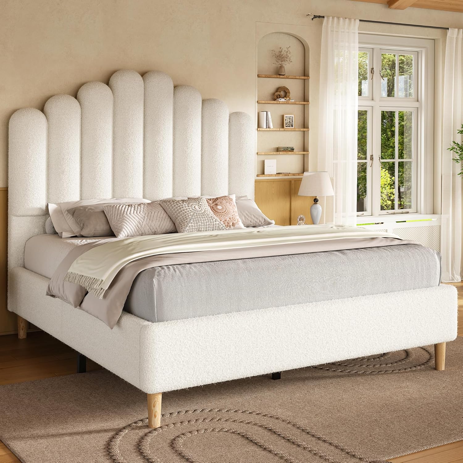 57" Tall Queen Size Boucle Bed Frame with Cloud Upholstered Headboard, Soft Bedframe with Round Corners, Solid Wood Legs, No Box Spring Needed, Easy Assembly, White