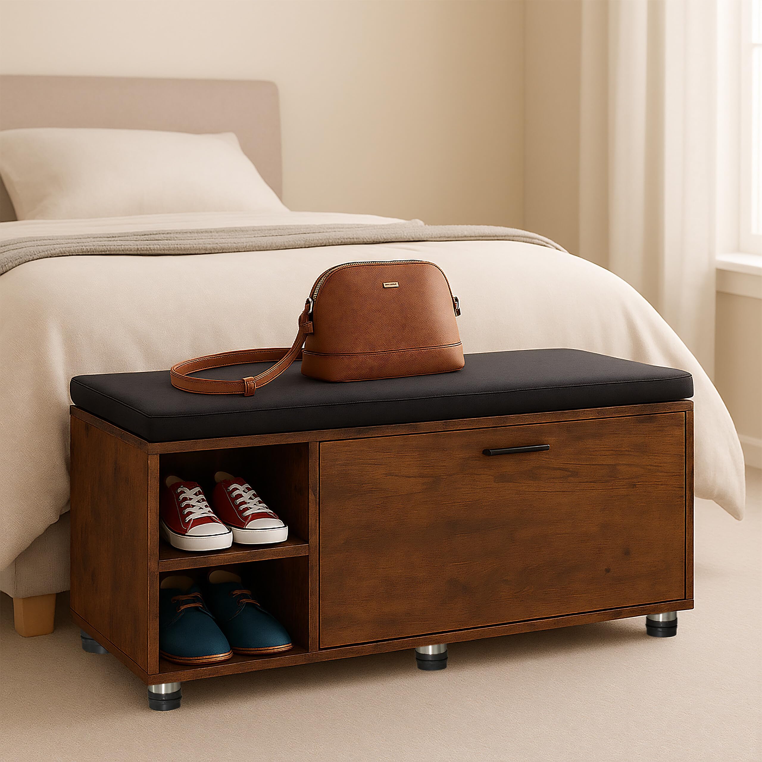 Relaxdays Banco Zapatero con Asiento y Armario, Set de 2, Banqueta para Pasillo, Dormitorio, Espacio Almacenaje, Negro