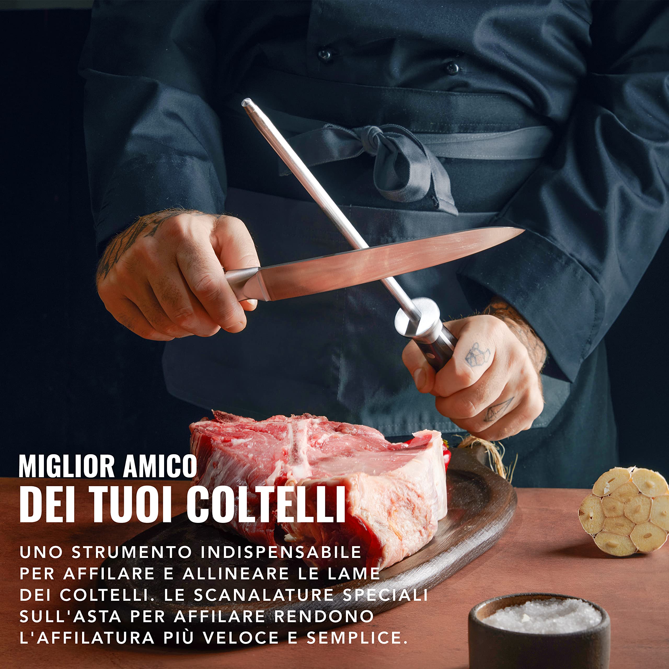 Cutluxe Acciaino Affilacoltelli, 25cm, Acciaino Coltelli, Acciaio al Carbonio, Manico Ergonomico, Artisan Series