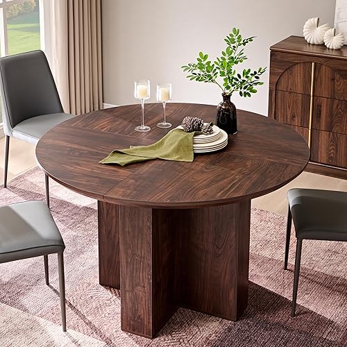 OKD Mesa de comedor redonda de 47 pulgadas para 4-6, mesa de comedor moderna orgánica con borde de mesa grueso, base de pedestal cruzado, mesas de