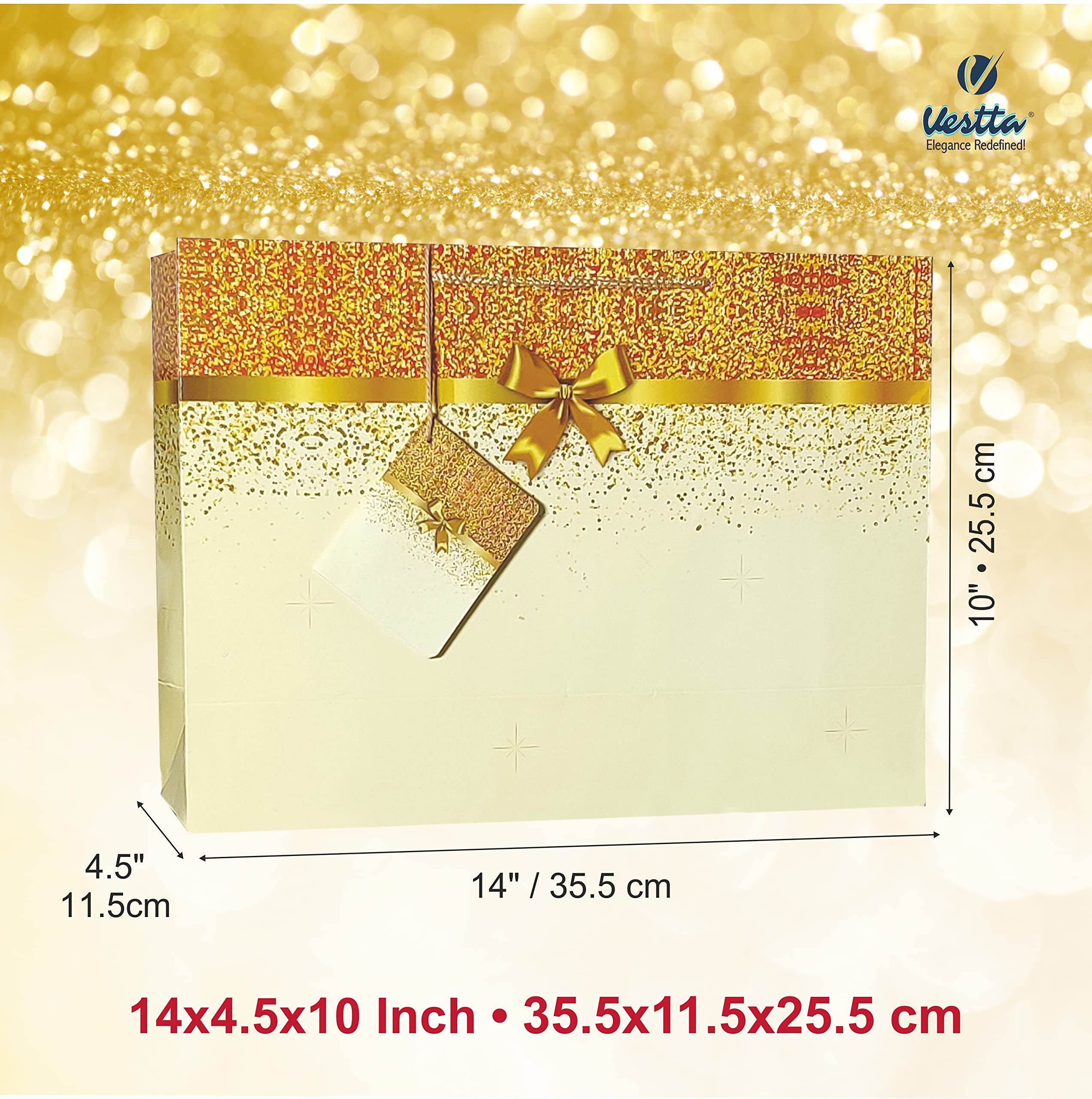 VESTTA -ELEGANCE REDEFINED Gifts Paper Bags, Glitter With Golden Bow, Gloss Finish, 14 (L) X 4.5 (B) X 10(H) Inches, Pack Of 10, Weddings, Diwali, Birthdays, Christmas With Gift Tags (Off-White) 3