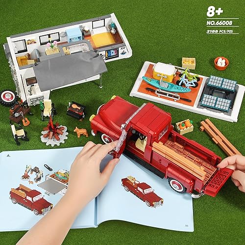 Miniatura 5 de Construcción de automóviles compatible con placa base Lego, 2 en 1 Camper Van Edificio y Granja Pickup Truck Juego de construcción de juguete para