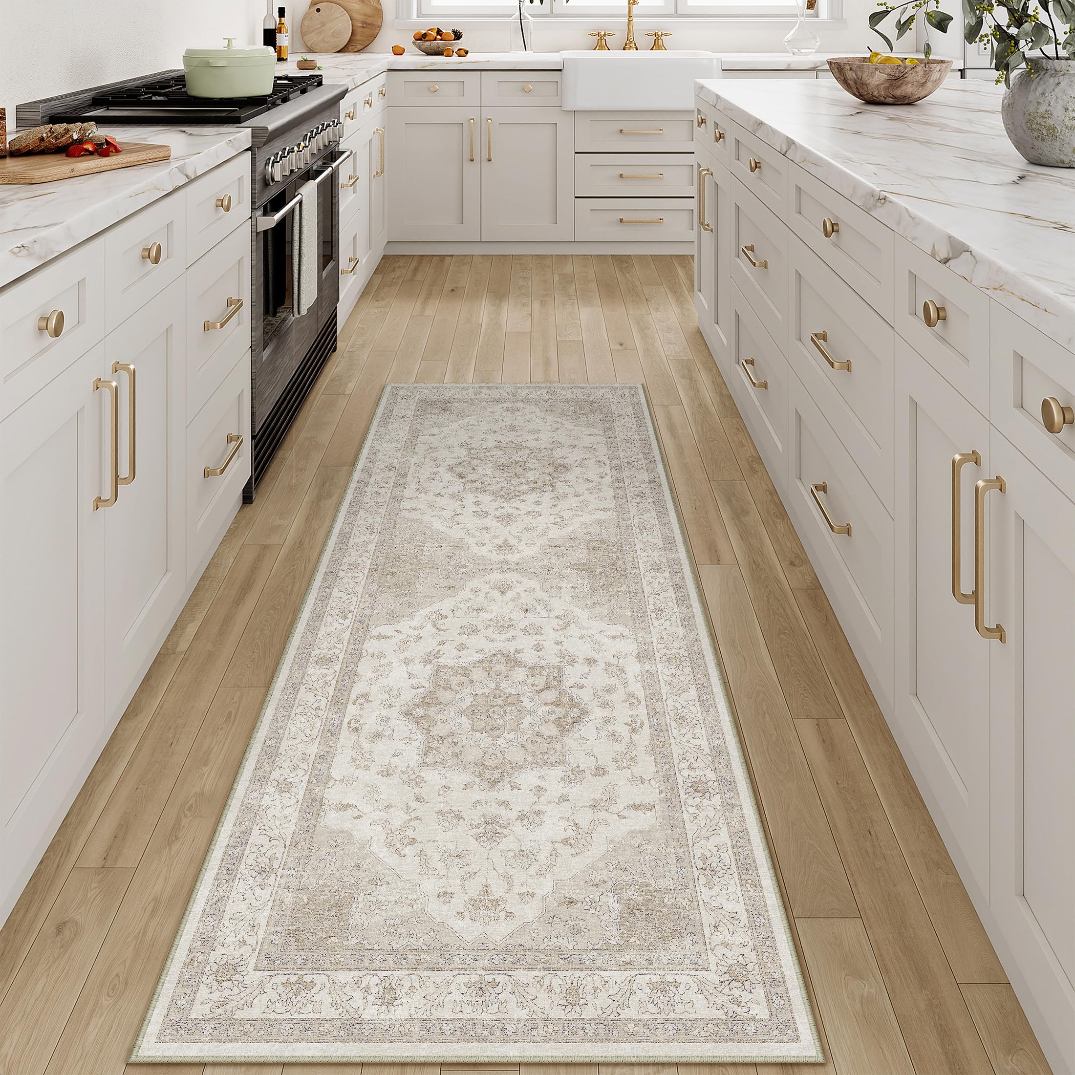 PureCozy Vintage Washable Beige Hallway Runner Rug 60x180cm Hall Runner Long Area Rugs Non Slip Soft Carpet Kitchen Bedroom Bedside Dining Room Office Indoor Low Pile Carpets - Image 3