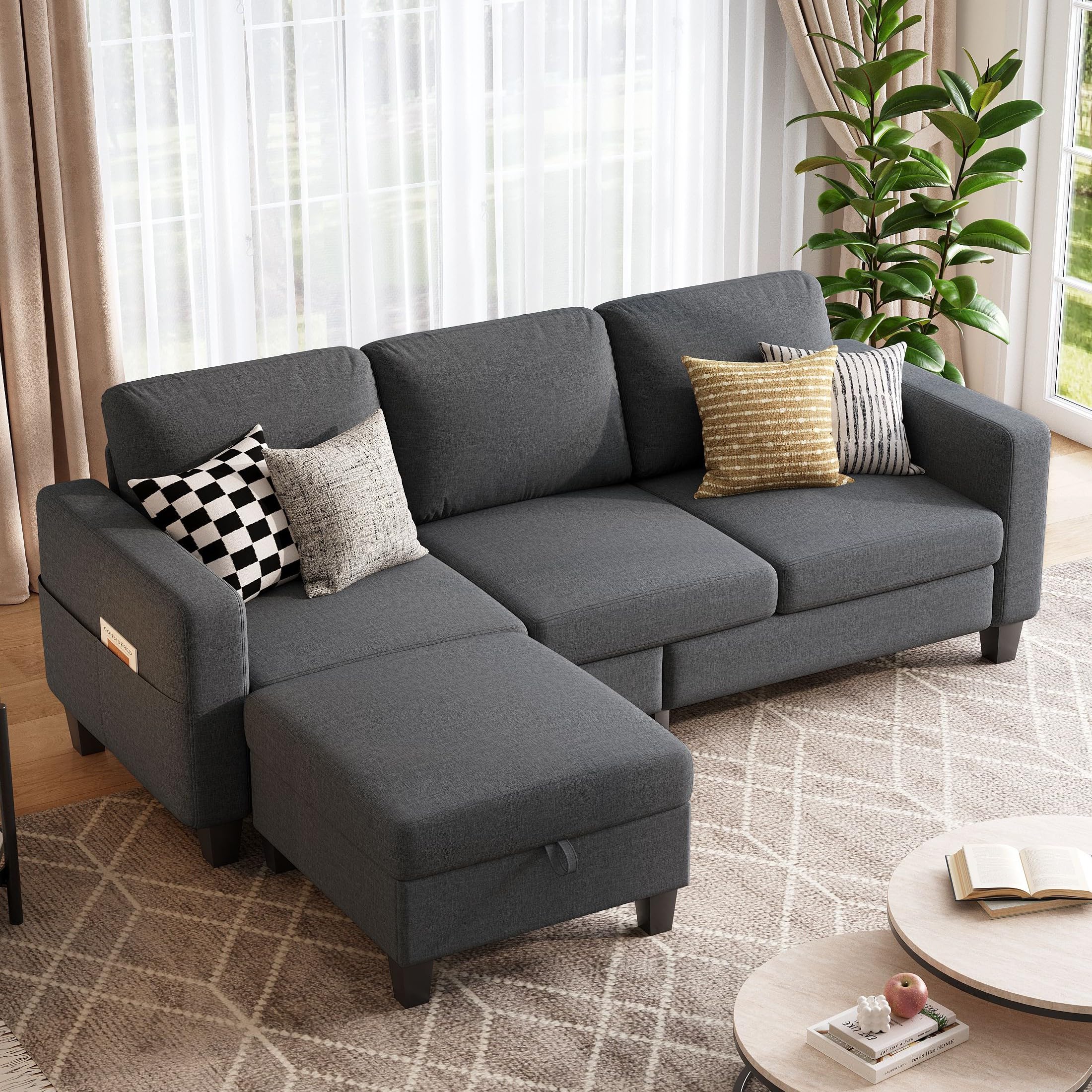 Sectional Couches for Living Room - 78 Convertible L Shaped Couch 3-Seat Grey Sofas with Storage Ottoman for