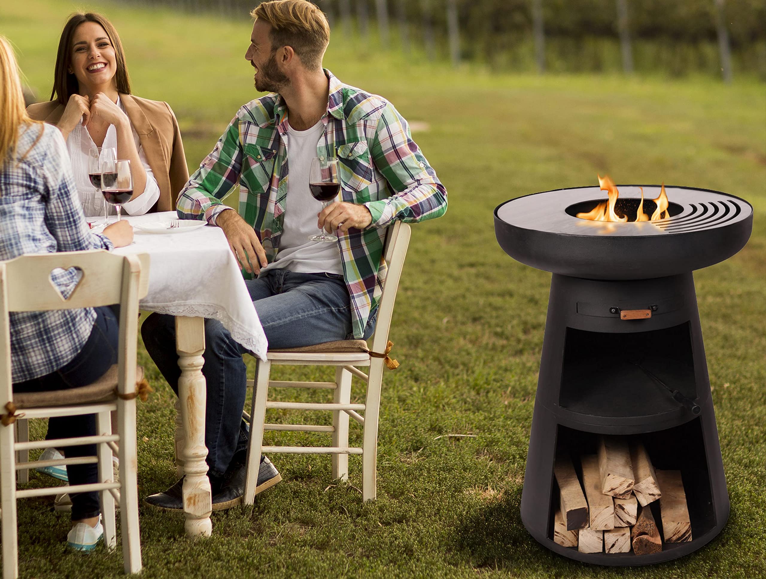 PUR LINE | Barbecue en acier avec grille en acier inoxydable et fonction brasero – Barbecue diamètre 60 cm, comprend couvercle étanche, tiroir cendrier et espace pour le bois de chauffage