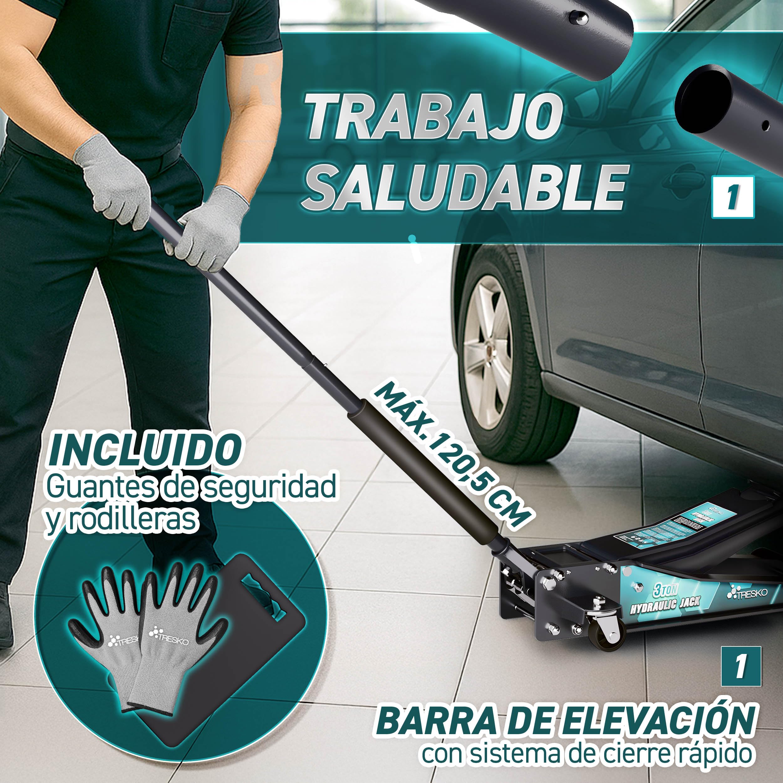 TRESKO gato hidráulico 3T 75-510mm doble pistón ruedas 360°