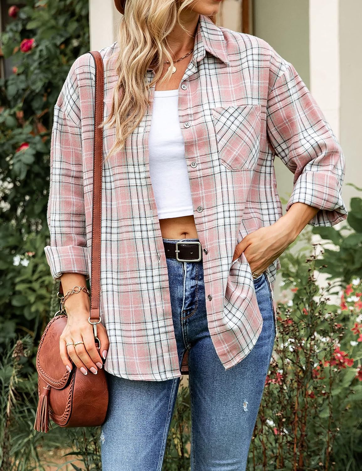 Lumister Oversized Flannel Shirt Women Long Sleeve Plaid Button Buffalo Shirt Blouse Tops with One Pocket - Image 6