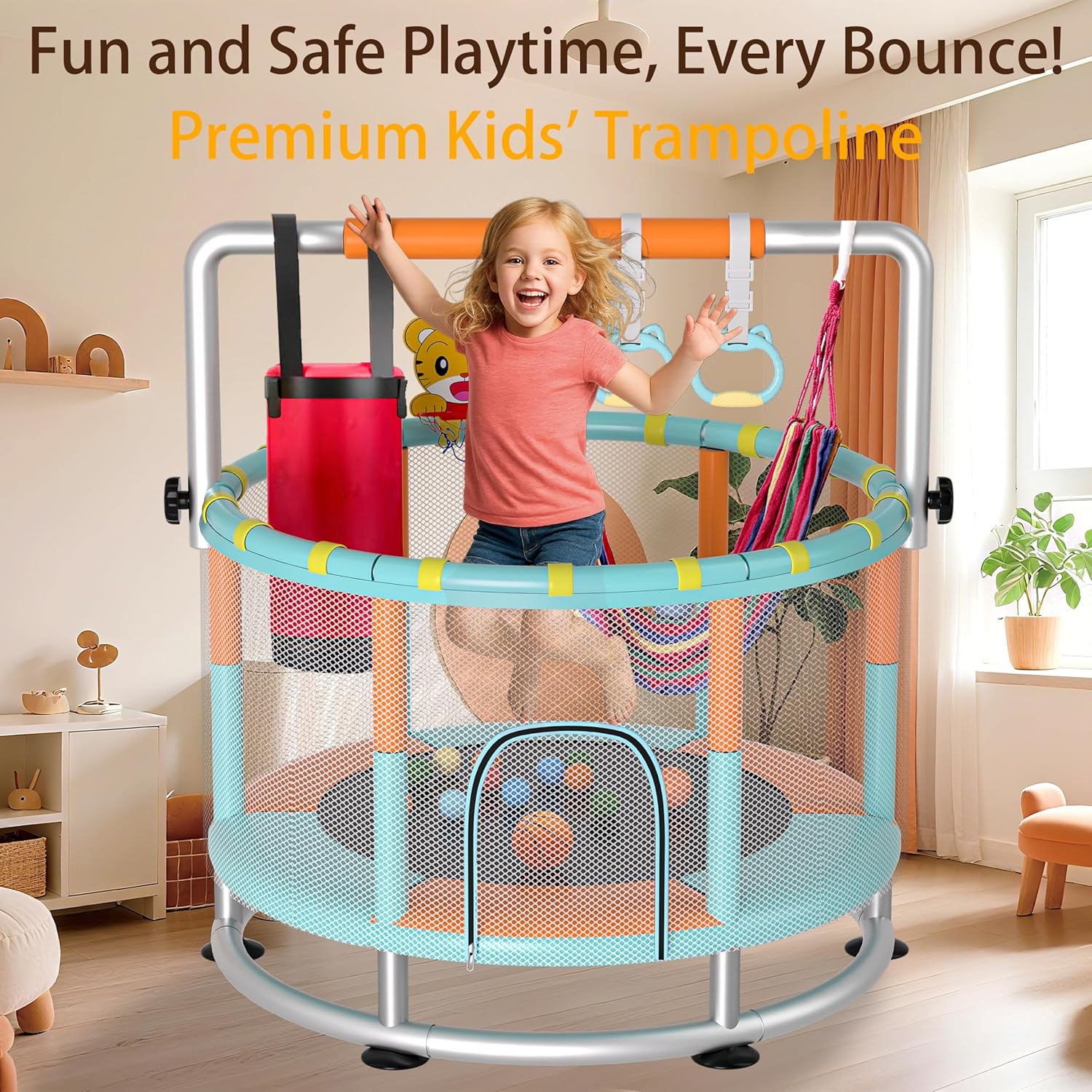55" Kids Indoor Trampoline with Safety Net, Adjustable Gymnastics Bar & Toys – Indoor/Outdoor Toddler Play Gym for Boys & Girls Ages 3+, Birthday Gifts