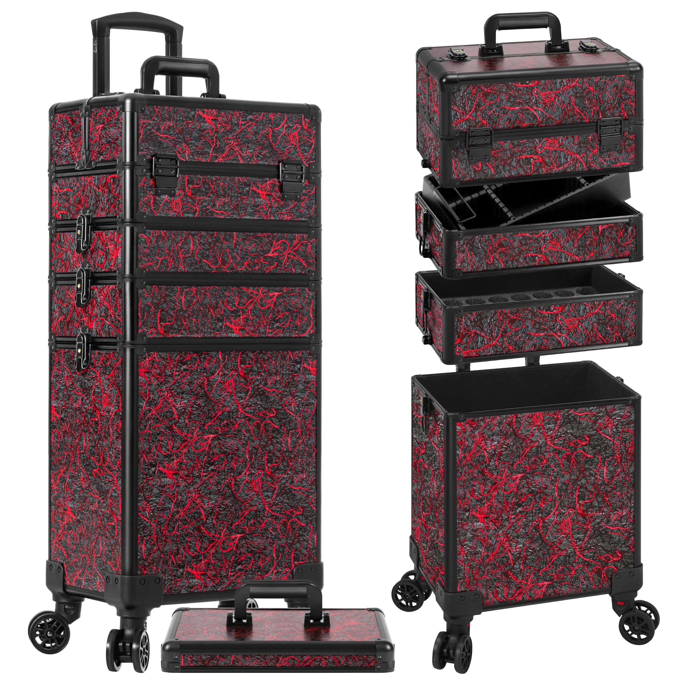 Arous 5-in-1-Kosmetik-Trolley mit Rollen, Abschließbar, für Friseure, Künstler, Reisen, Nägel, Rot, Make-up-Tasche zum Rollen