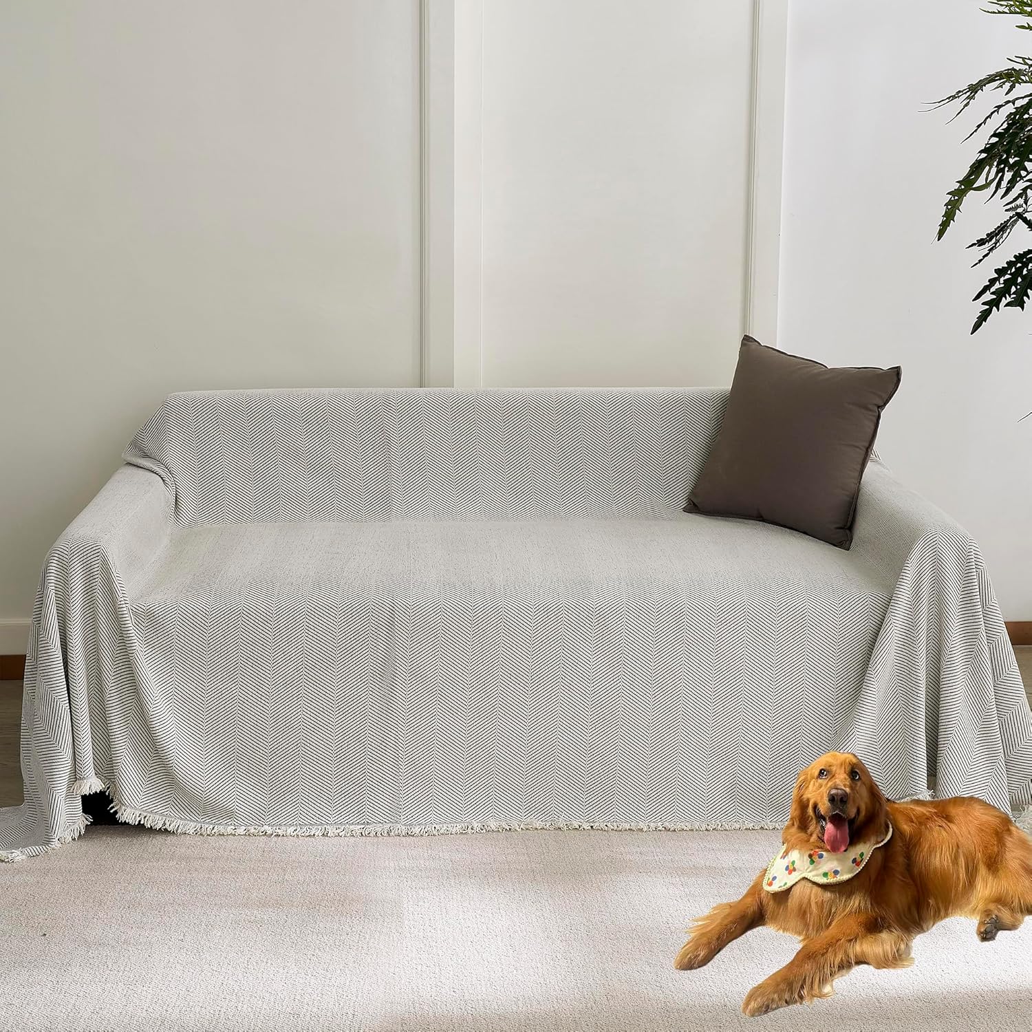 Non Slip Couch Cover for 2 Cushion Couch Thick Chenille Sectional Sofa Cover Soft Furniture Protector Sofa slipcover for Dogs Pet Washable loveseat Cover for Living Room,Cream White, 71"*102" 71"*102" Cream White