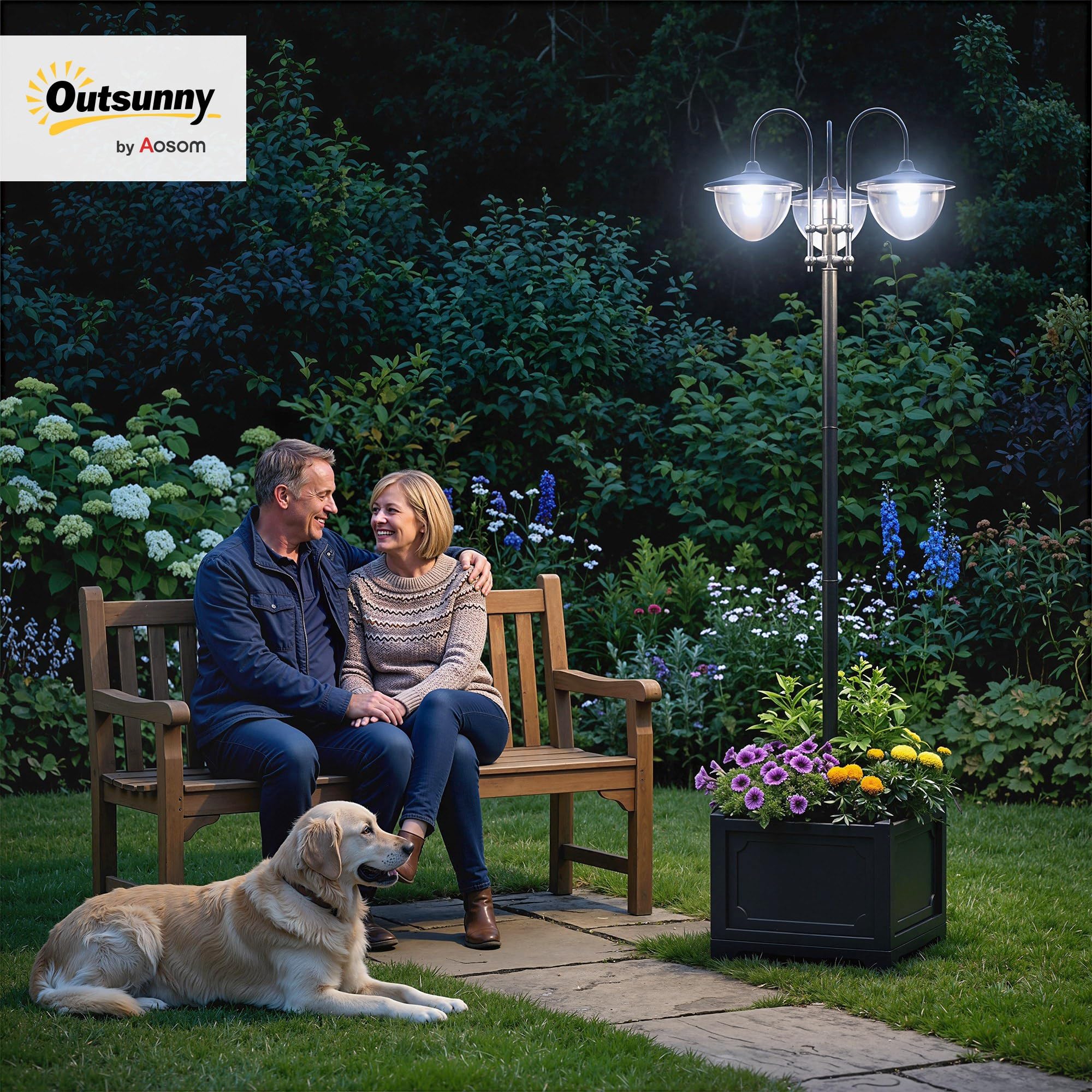 Outsunny Farol Solar de Jardín con 18 Luces LED Blanca Fría 6000K Impermeable IP44 Sensor de Noche y Base de Maceta Farola de Exterior para Camino Terraza Patio 60x55x189 cm Negro