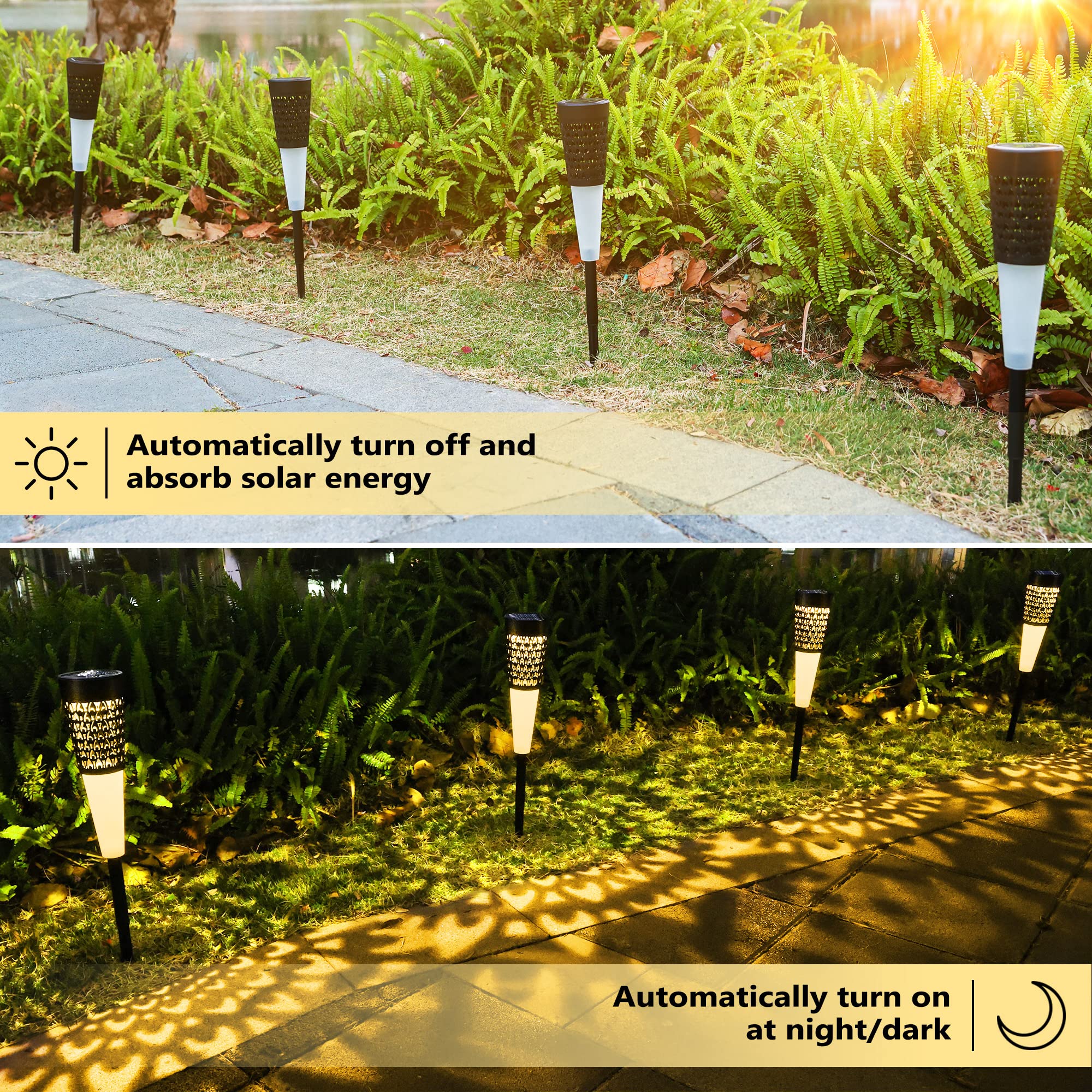 Set van 12 zonnelampen voor buiten, 33 leds, fakkeleffect met flikkerende vlam, waterdicht, automatische inschakeling van schemering tot zonsopgang