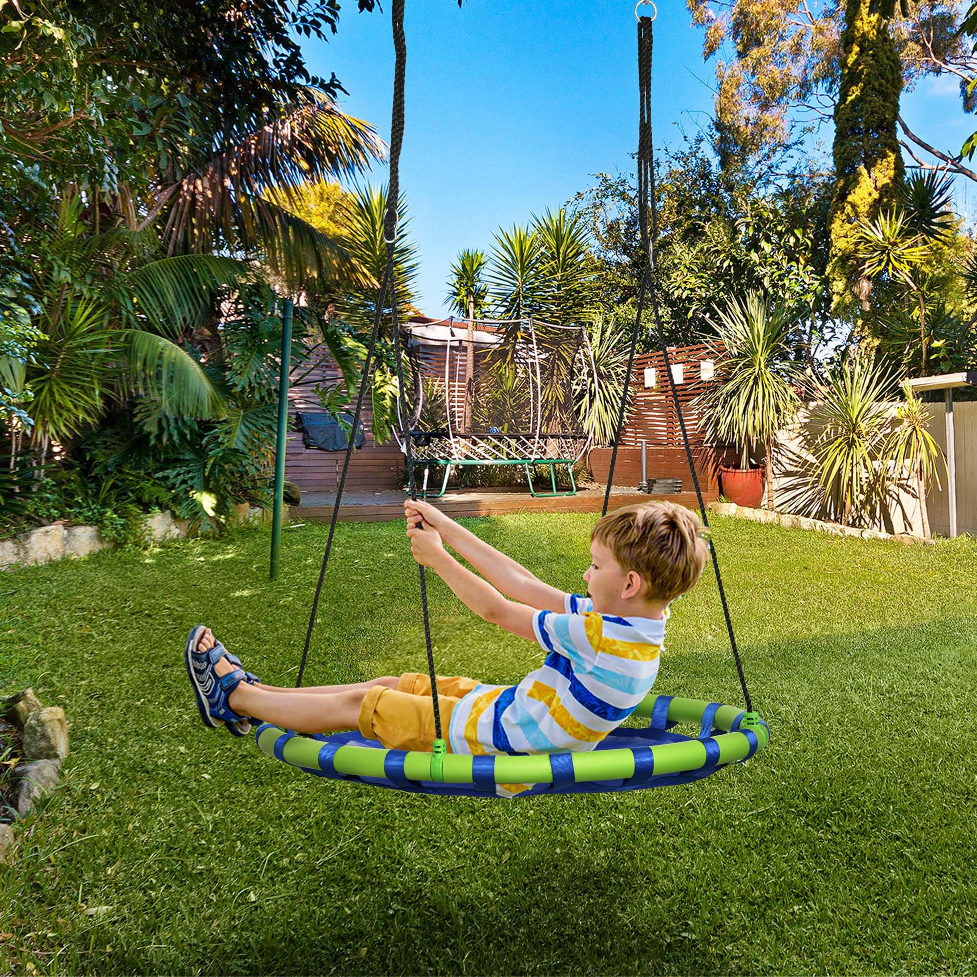Outsunny Balançoire Nid d'Oiseau Ronde Ø 100 cm Réglable Jardin Bleu | à Suspendre, Enfant Adulte, Capacité de Charge 150 kg, Extérieur, Cadre en Acier, Textilène