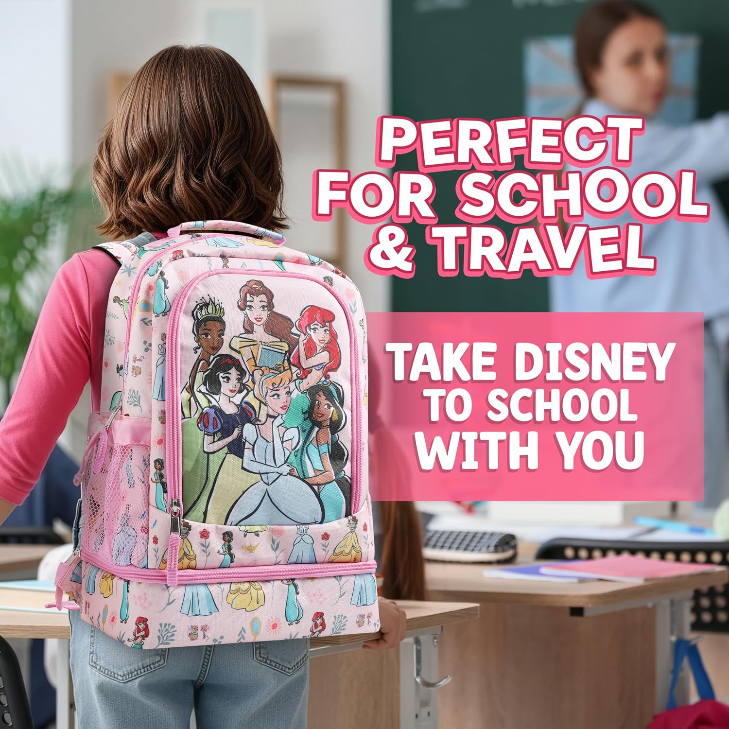 Disney Princess Backpack for Girls | 16 Inch School Lunch Box Backpack with Water Bottle Pocket Princess Gift for Kids Age 5-10