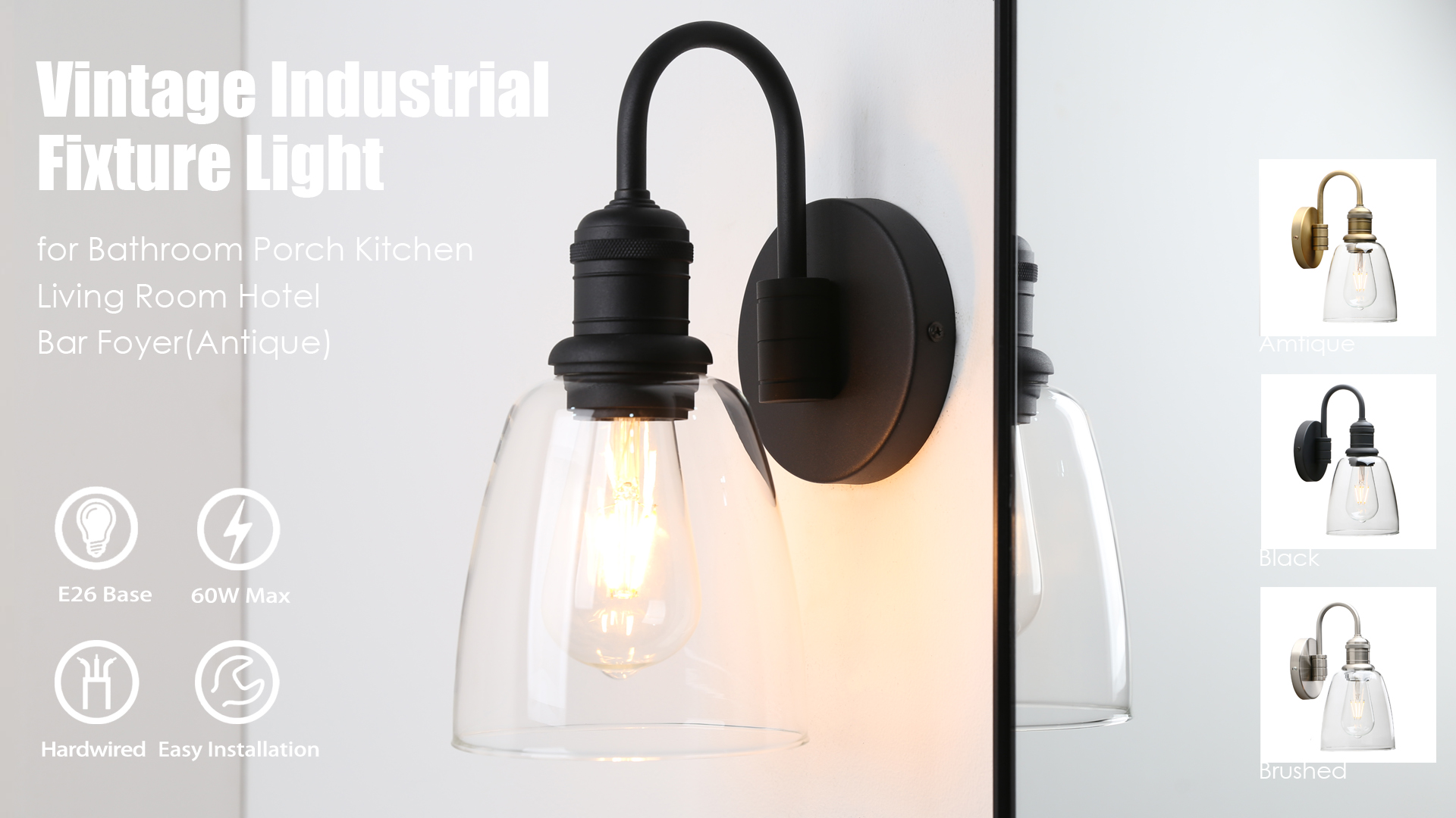 Yosoan 1-Light Vintage Wall Sconce, Black Industrial Fixture Light with Elegant Gooseneck Curved Rod, Indoor Clear Glass Shade Wall Lamp Lighting for Bathroom Porch Kitchen Living Room Restaurant - Image 7