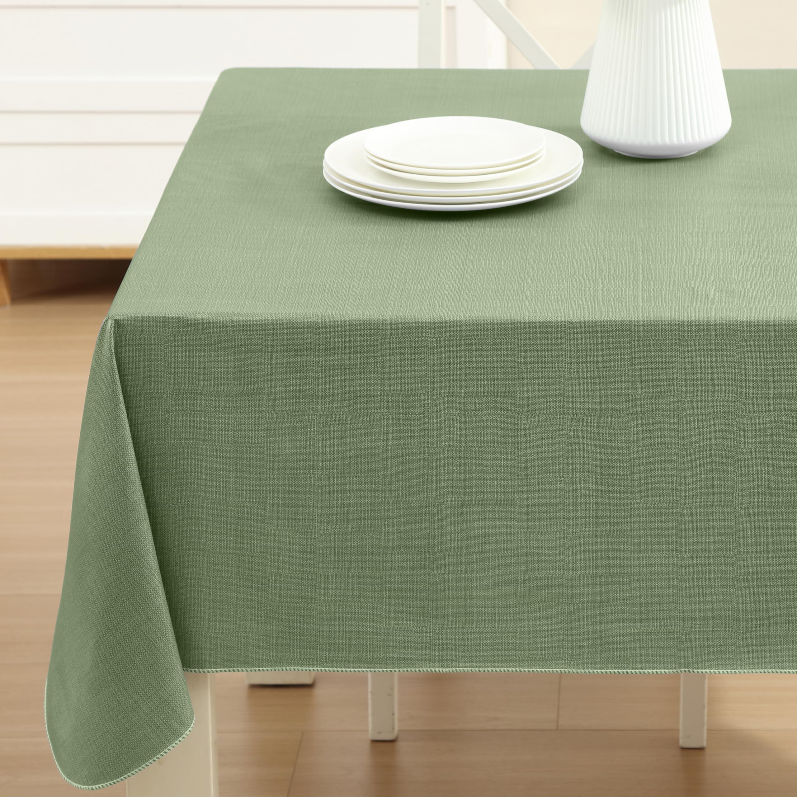 Lintex Cafe Hotel Linen Look Vinyl Flannel Backed Tablecloth, Heavyweight 4 Gauge, 60 x 104 Inch Rectangle, Sage Green Indoor Outdoor Waterproof Wipe Clean Table Cover