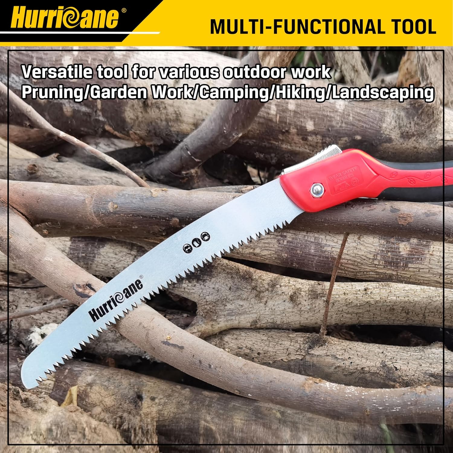 HURRICANE 10" Folding Hand Saw, SK5 Steel Blade with Triple-Cut Razor Teeth – Portable Foldable Pruning Saw for Tree Trimming, Camping, Bushcraft & Gardening, Non-Slip Ergonomic Handle