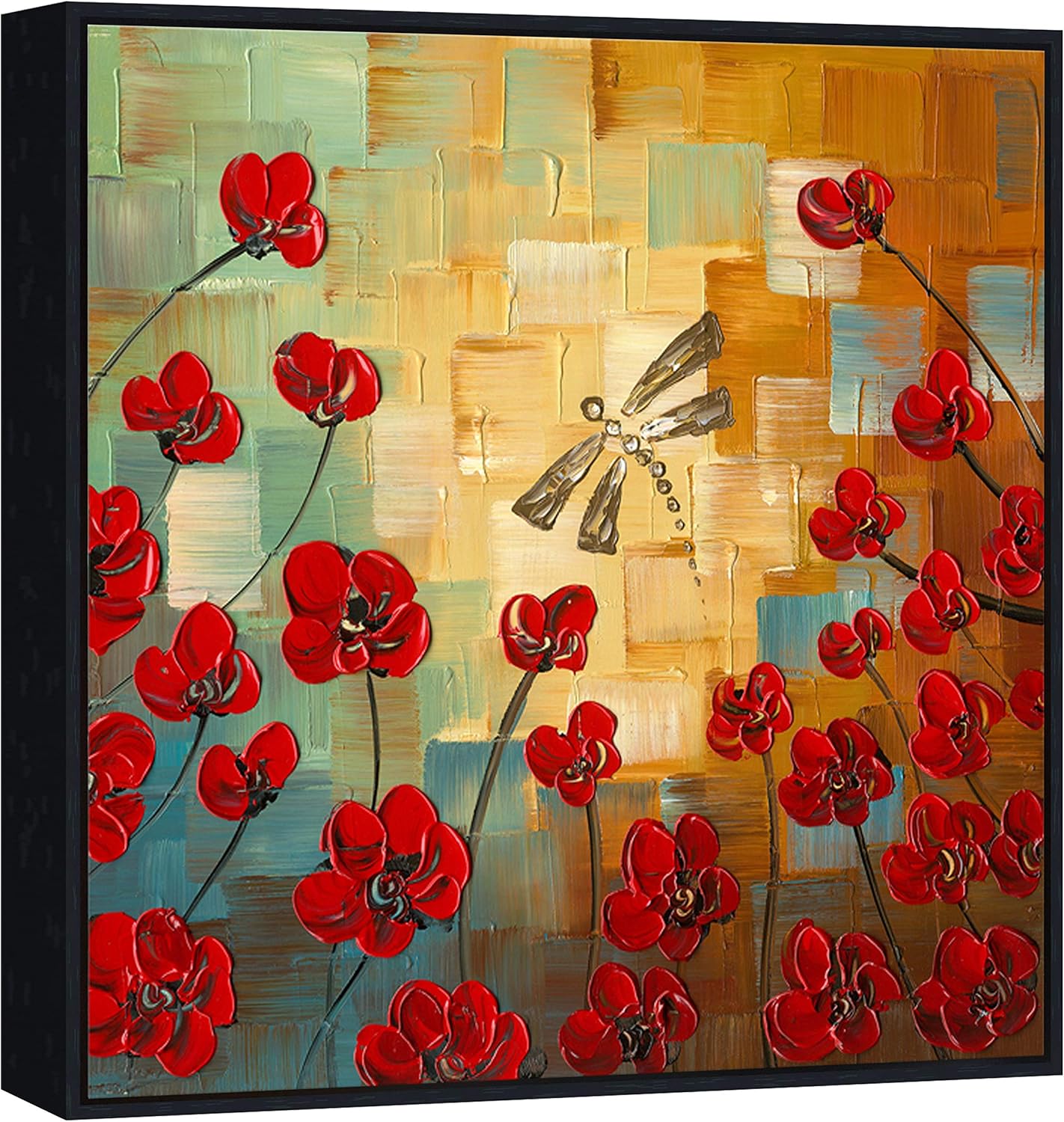 Wieco Art Framed Art Dragonfly Floral Oil Paintings on Canvas Wall Art for Bedroom Home Decorations Modern 100% Hand Painted Stretched Abstract Flowers Artwork with Black Frame