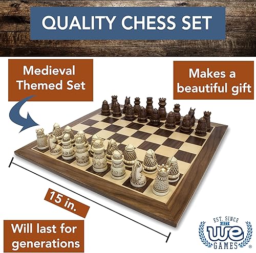 Miniatura 2 de WE Games Juego de ajedrez con temática medieval: tablero de ajedrez de madera con intrincadas piezas de ajedrez Polystone, juegos de ajedrez para