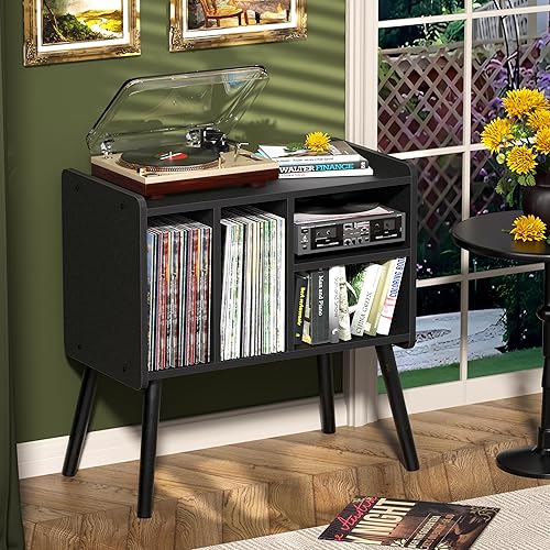 Miniatura 2 de Mesa para tocadiscos, soporte para tocadiscos de mediados de siglo con almacenamiento para vinilos con capacidad para más de 150 álbumes, gabinete