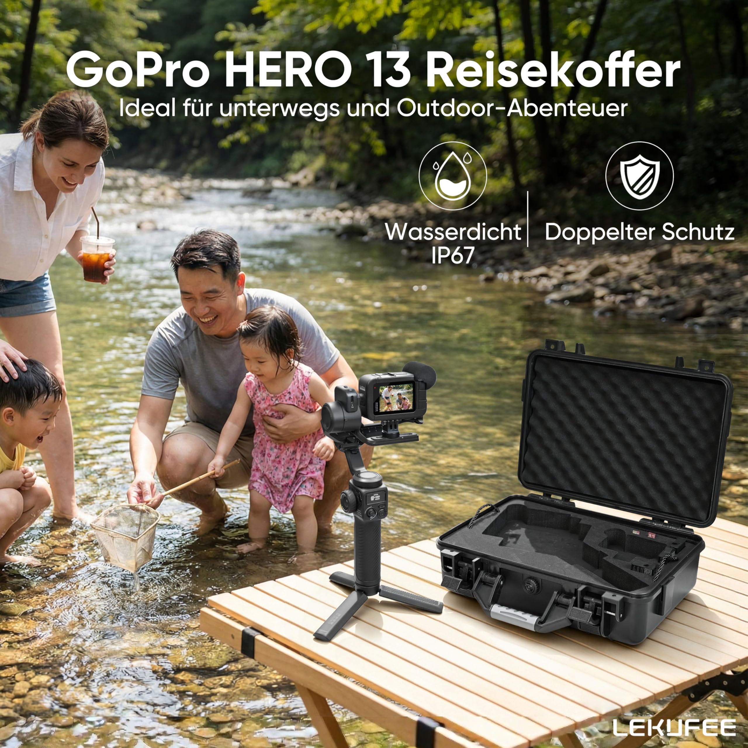 LEKUFEE wasserdichtes Hartschalen-Tragekoffer für GoPro Fluid Pro AI-3-Achsen-Gimbal-Stabilisator, GoPro Hero 13/12/11/10/9 Kamera, Media Mod und weiteres Zubehör (nur Koffer)
