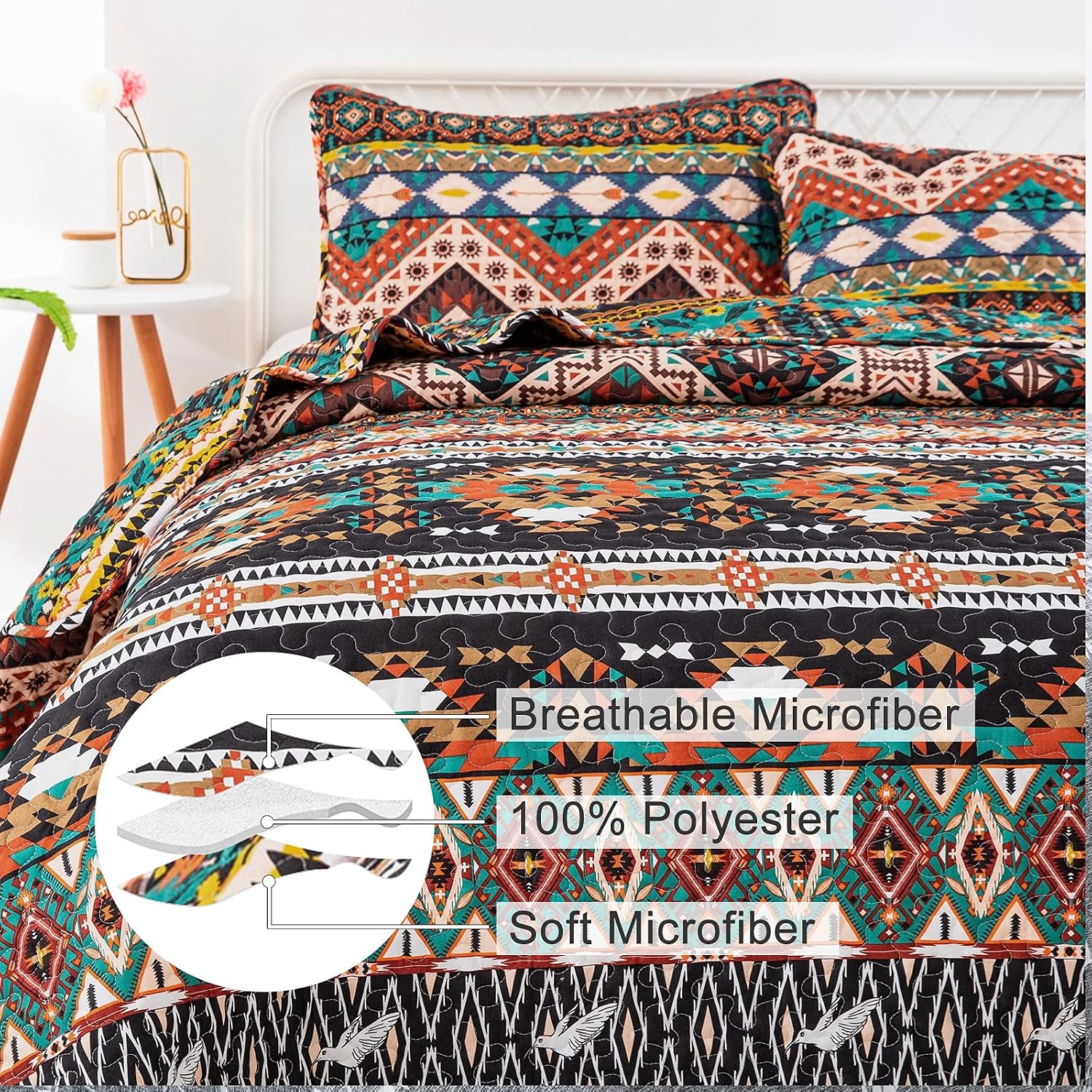 Boho Quilt Set Queen,Southwestern Stripe Bedding Set with 2 Pillowcases, 3 Pieces Reversible Bohemian Birds Pattern Quilted Jacquard Coverlet Set for All Seasons Patchwork Queen(90"x96")