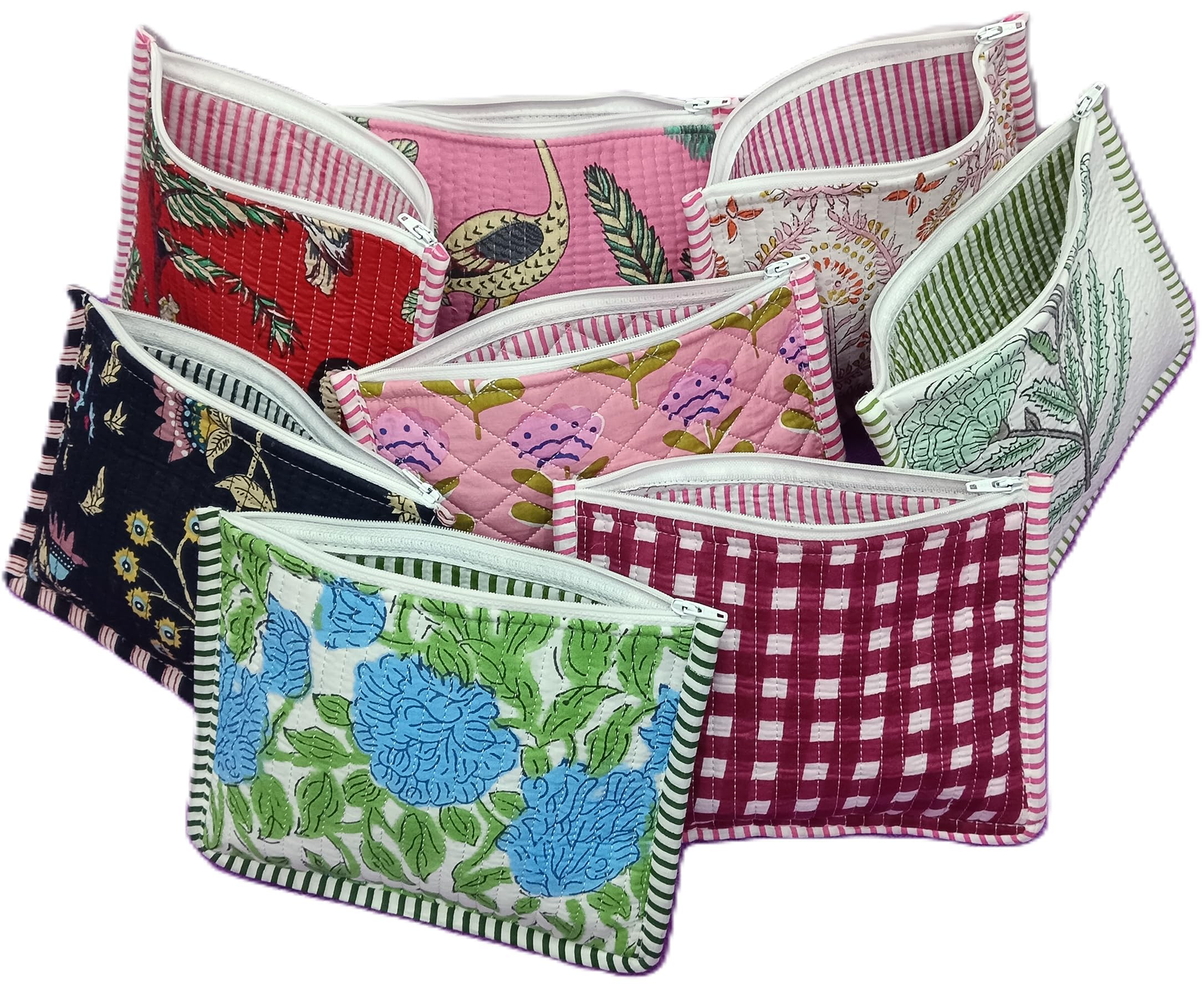 Any 2 Pcs Mix Assorted Cotton Multicolor Design Floral Print Quilted Cosmetic Pouches 8X6 Inches Unique Toiletry Make Up Organizer Currency Case