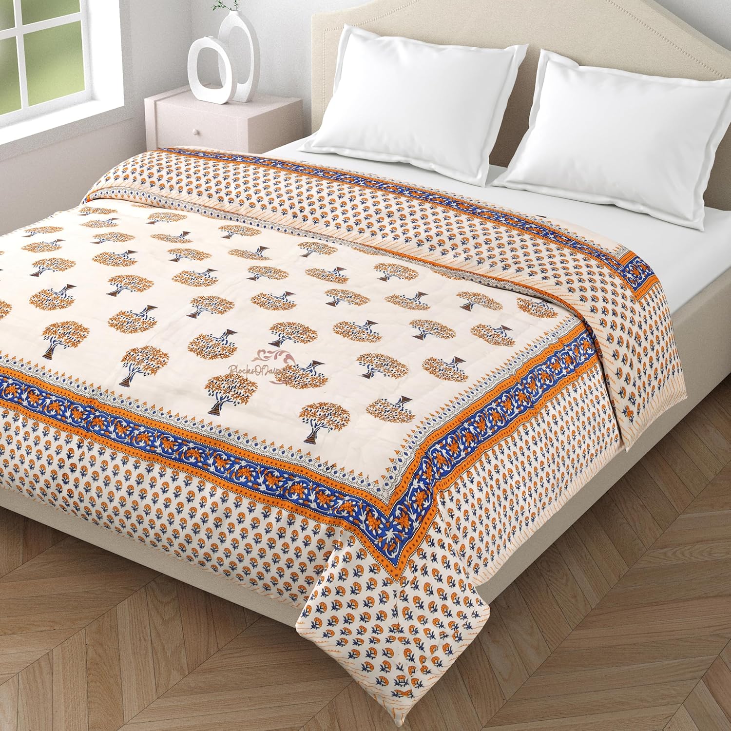 Original Pure Cotton Jaipuri Razai Brown Tree Print Reversible Comforter Lightweight AC Quilt | Summer & Winter Bedding | Double Bed (Size 90 X 105 Inch)