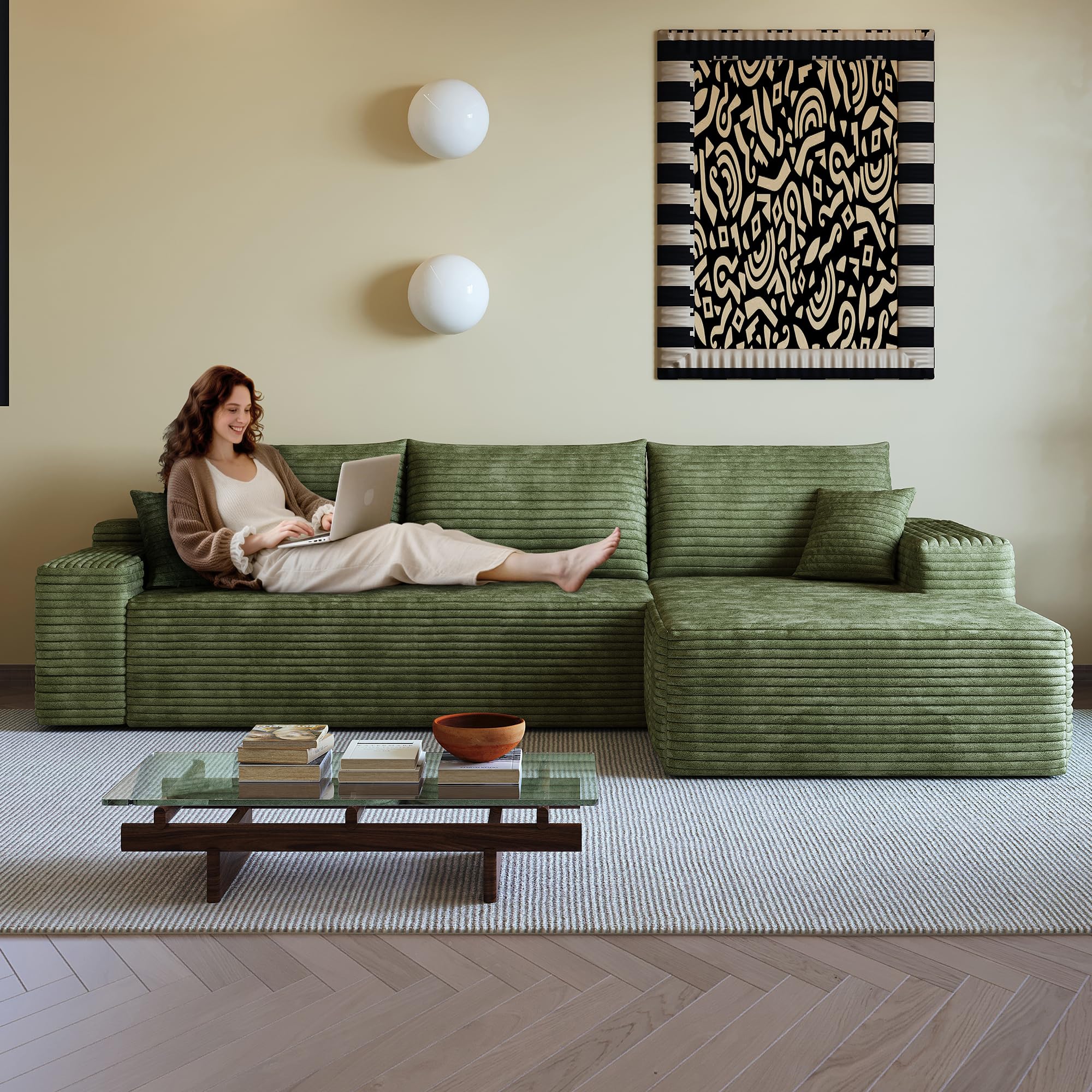 Canapé modulaire 270 cm, canape Dangle 3 Places pour Salon, Chambre, avec méridienne, Assise Profonde, Velours côtelé, livré compressé, canapé d'angle compressé （Méridienne à Droite）