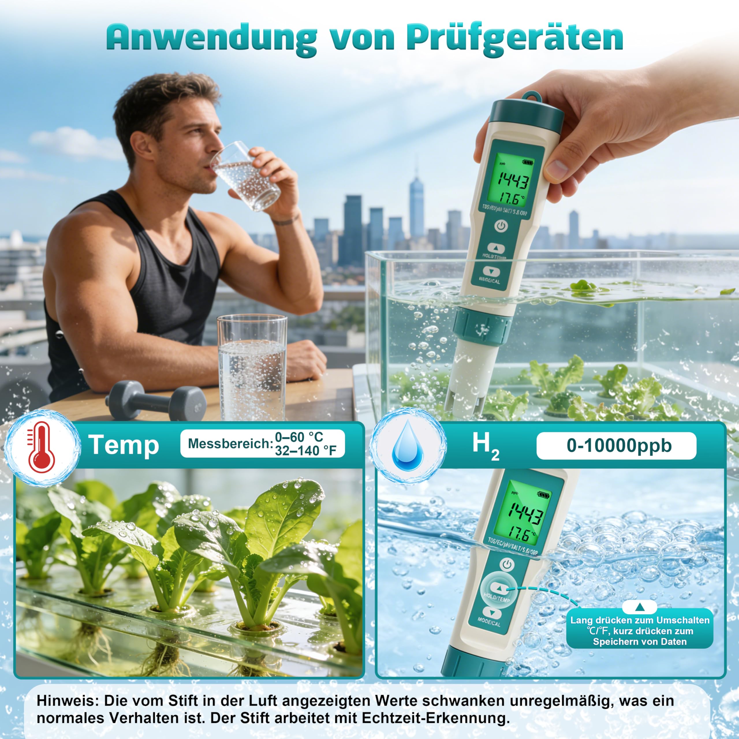 Digitaler Wasserqualität Tester, 8 in 1 PH Messgerät, misst pH ORP Salzgehalt TDS EC Temperatur für Pool Aquarium Hydroponik