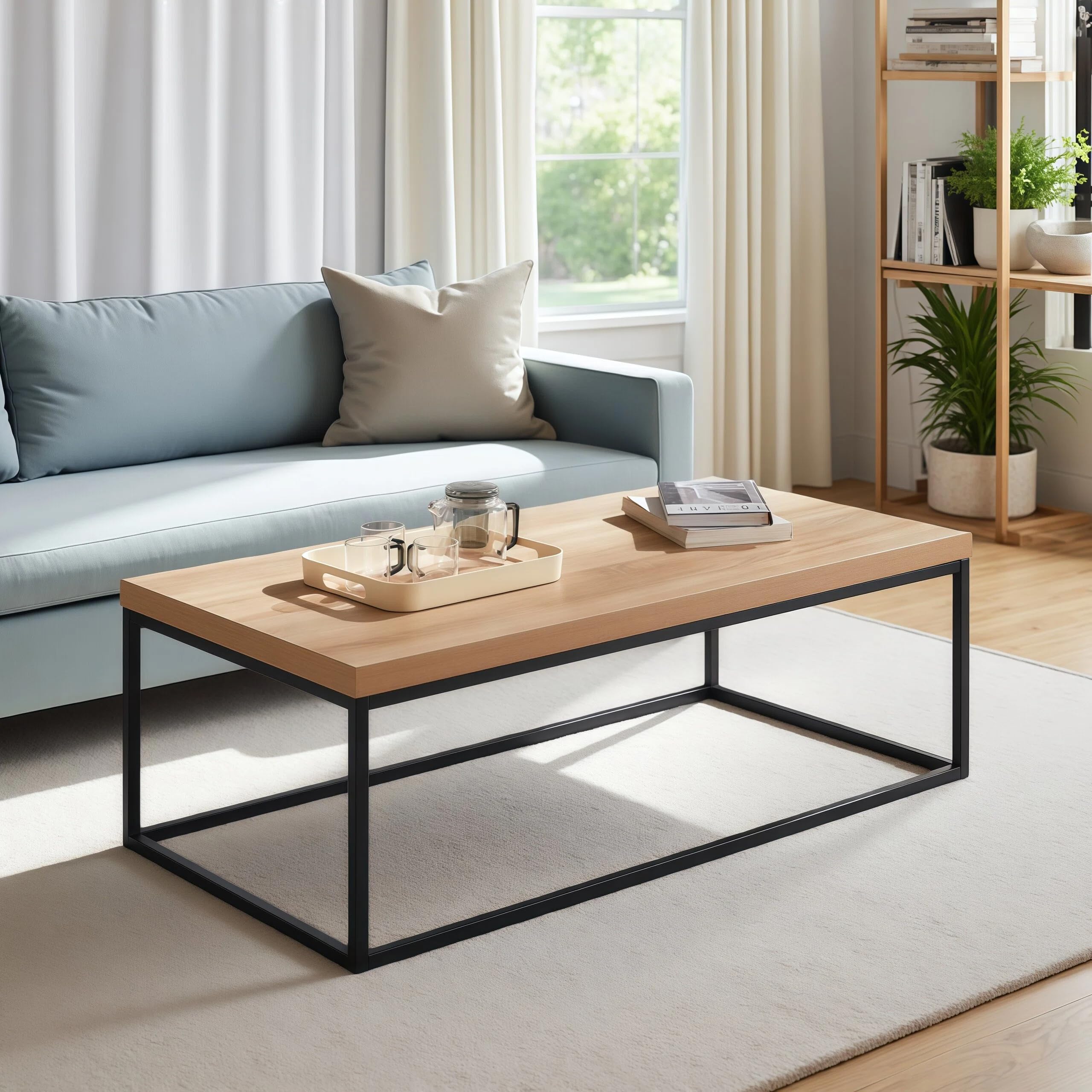 47-Inch Natural Oak Coffee Table for Living Room, Modern Industrial Rectangular Wood and Metal Center Table with Extra Thick Tabletop (Natural Wood)