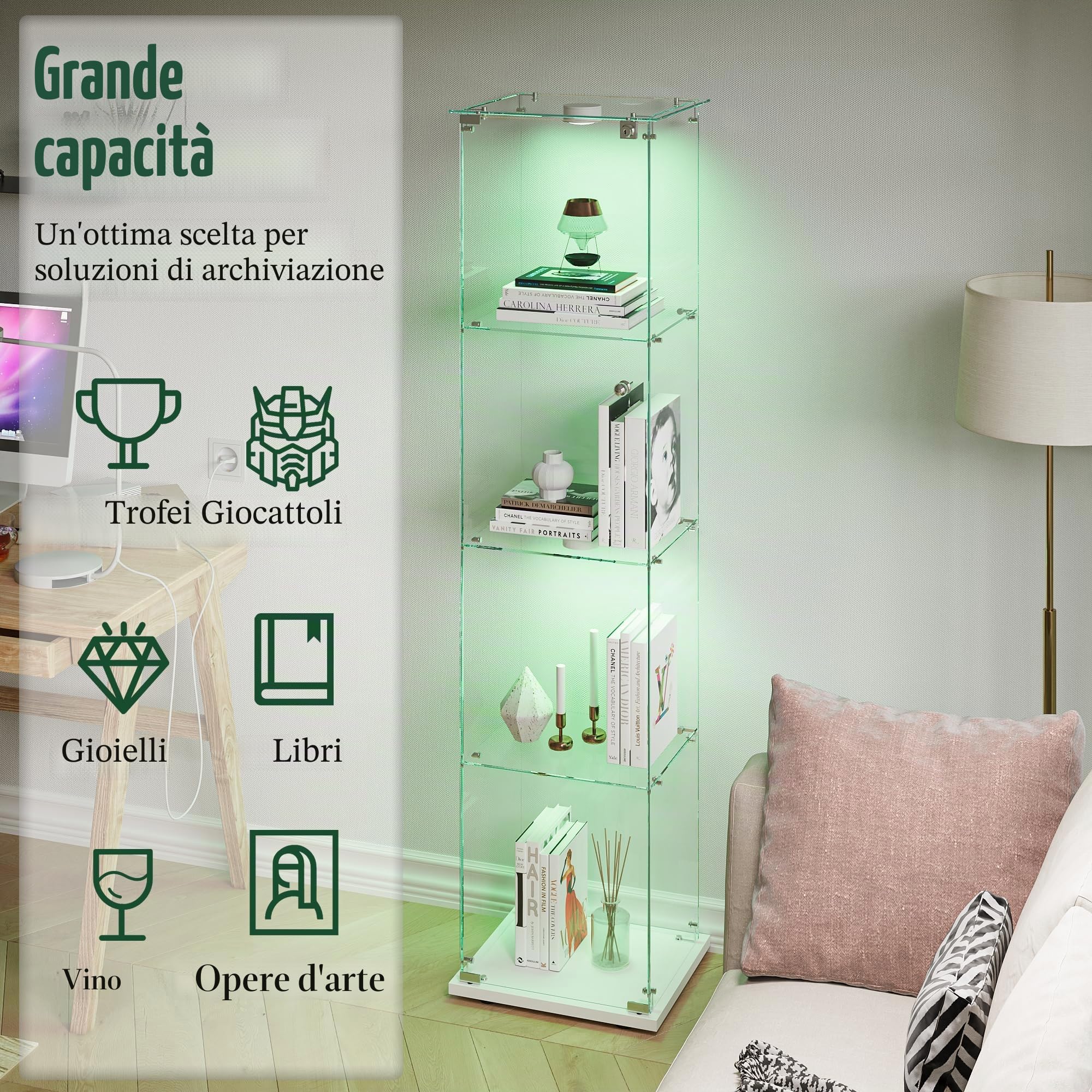 Vetrina in Vetro 163 x 40 x 35 cm a 4 Ripiani a 1 Ante, vetrina su Base con LED, Armadio da Collezione Moderno per Soggiorno, Camera da Letto, Ufficio (Bianco+Porta Singola + luci di Pat)