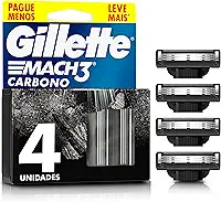 Gillette Mach3 Carbono Refil para Aparelho de Barbear reutilizável, com Carvão Ativado e Fita Lubrificante Melhorada 4 Uds