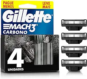 Gillette Mach3 Carbono Refil para Aparelho de Barbear reutilizável, com Carvão Ativado e Fita Lubrificante Melhorada 4 Uds