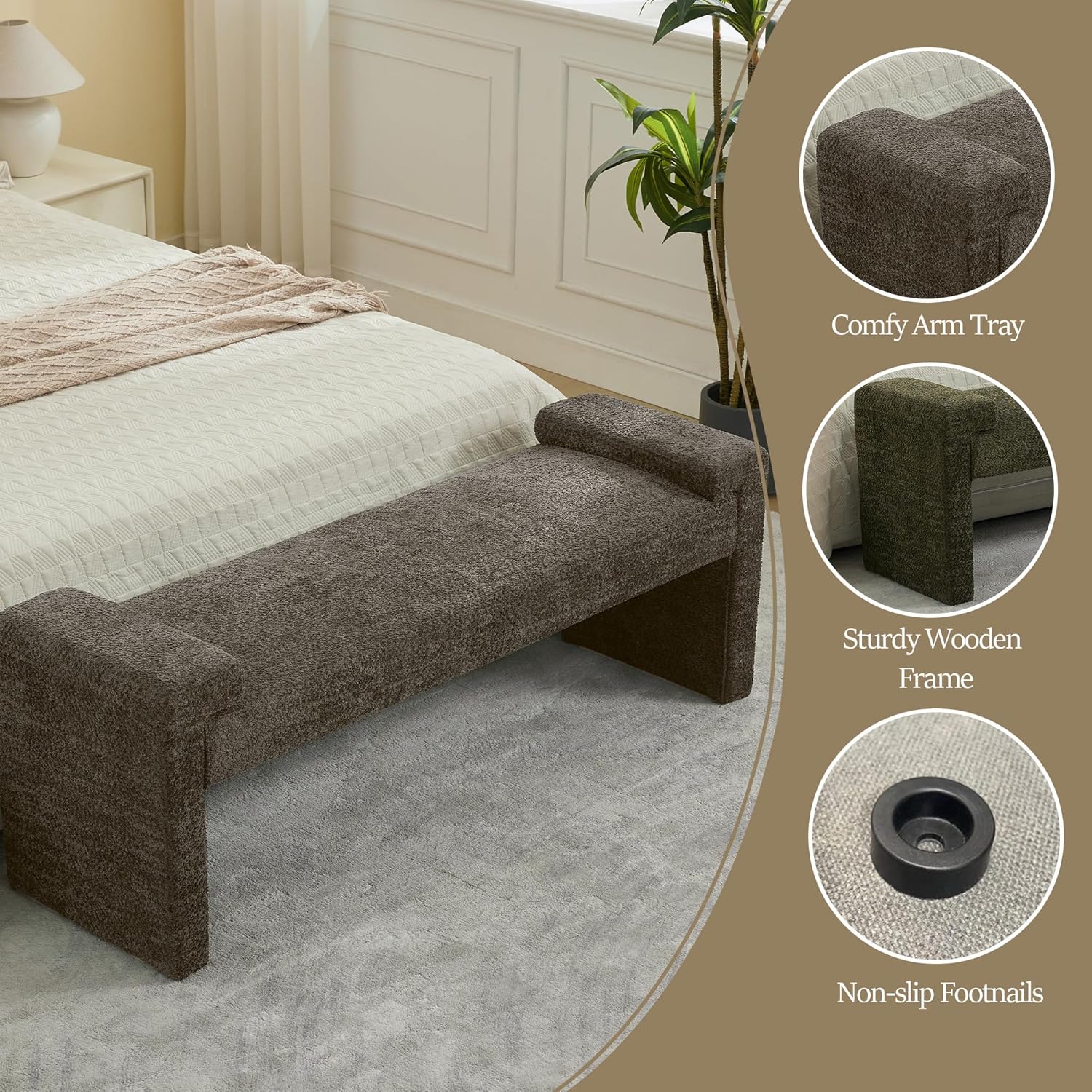 58.7" End of Bed Bench Upholstered Modern Bedroom Bench for Living Room & Entryway, Easy Assembly, Footrest Ottoman Accent Window Bench with Solid Wood Frame & Curved Arm, Brown