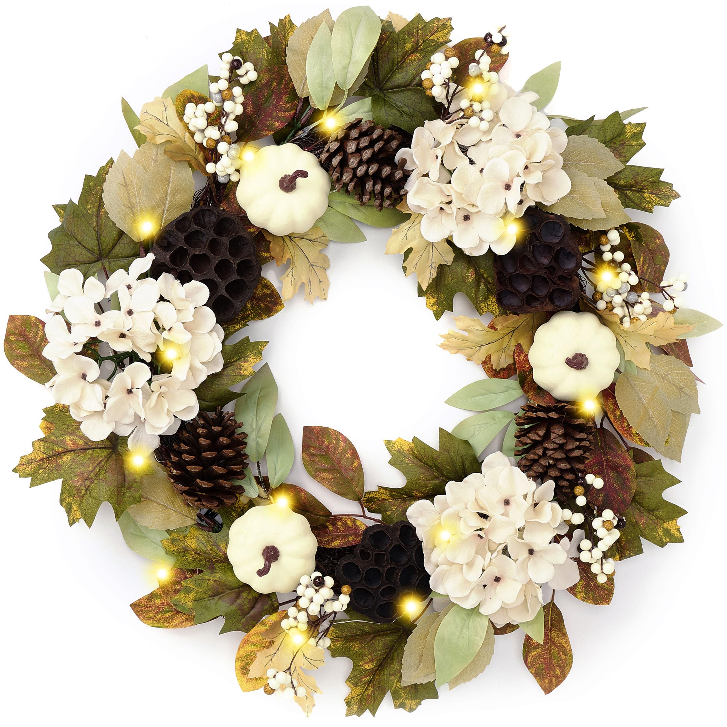 DecorbyHannah 24'' Fall Wreath for Front Door with Lights &Pumpkin Pinecone | Pre-Lit Collapsible Harvest Autumn Thanksgiving Wreath with Lotus Maple Leaves & Hydrangea Fall Decorations for Home Mantle