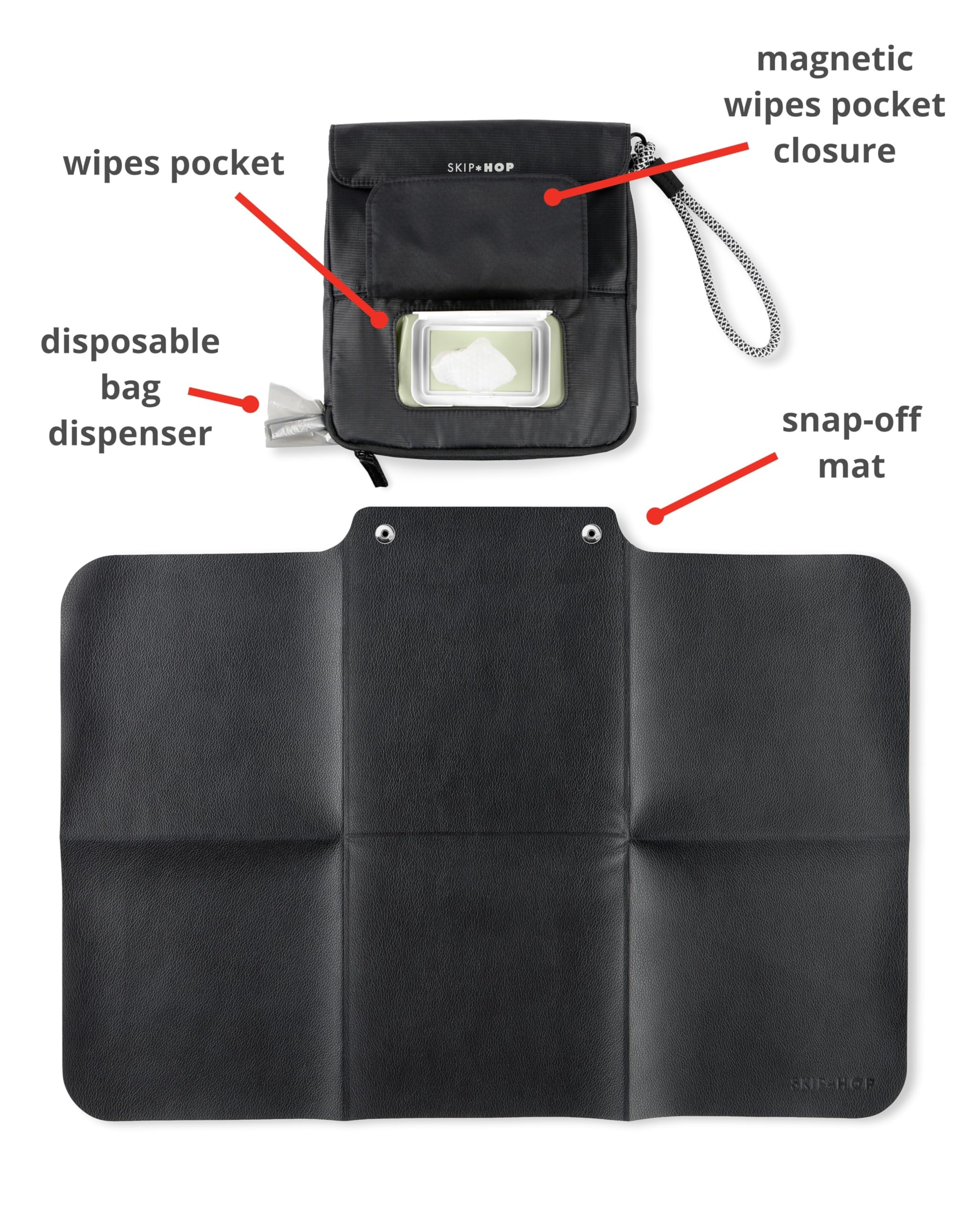Skip Hop Cambiador de viaje para bebé con superficie fácil de limpiar, bolsillo para toallitas, almacenamiento de pañales, dispensador de bolsas desechables y bolsillo magnético para toallitas