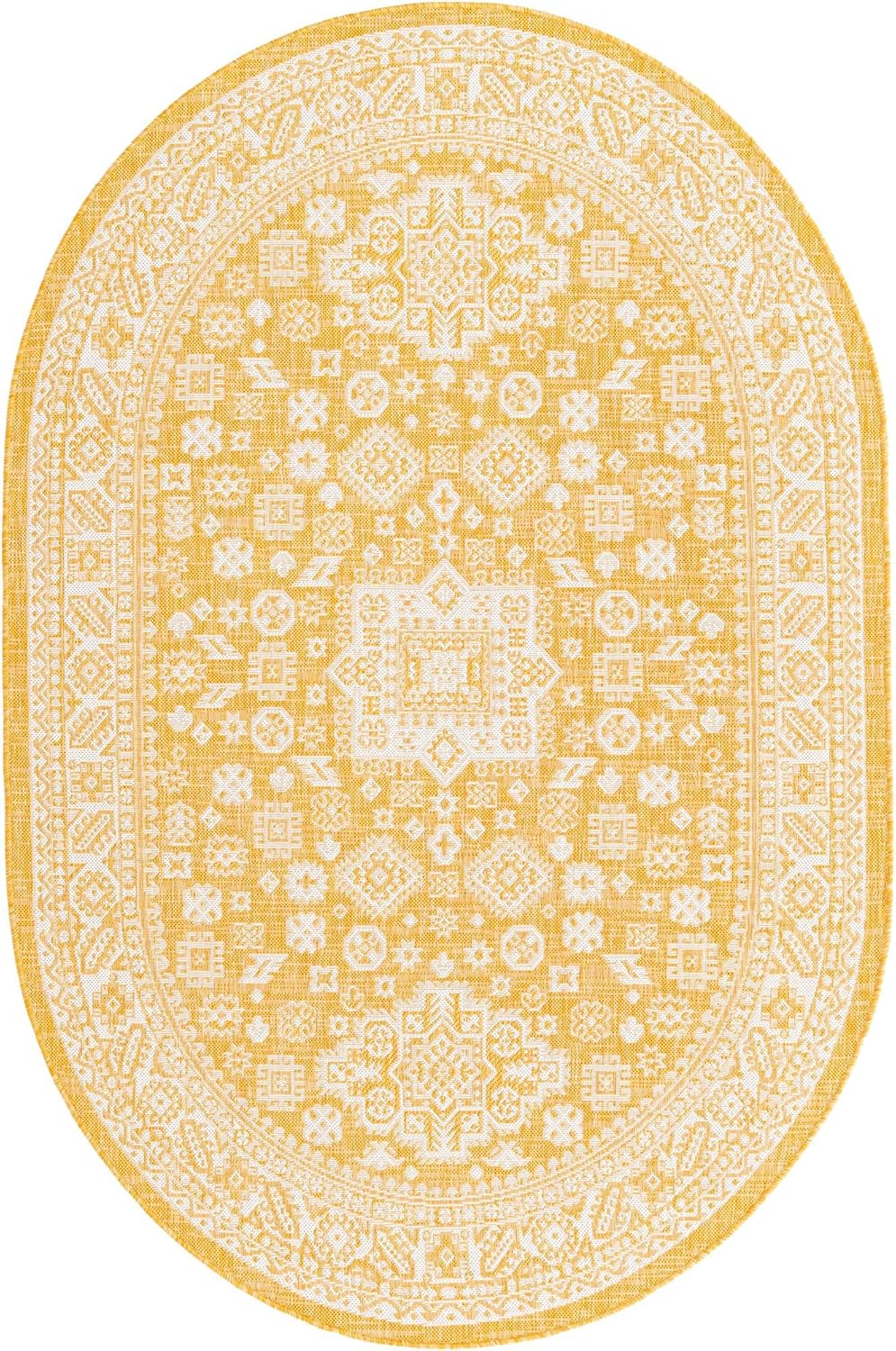 Unique Loom Outdoor Aztec Collection Area Rug - Chalca (5' 3" x 8' Oval, Yellow/ Ivory)