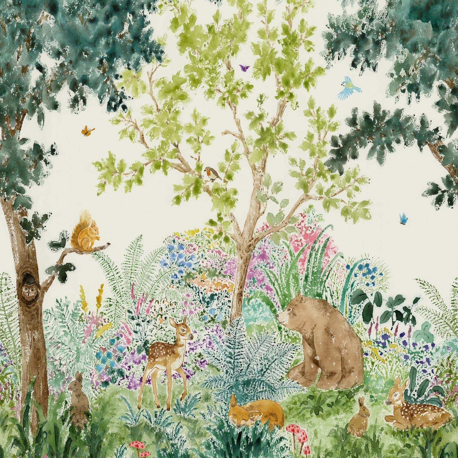 Fototapete Waldfreunde Waldtier Motiv Kinderzimmer Wanddeko Hirsch Bär Eichhörnchen Hase Wildblumen Traumfänger-Sammlung Multi Holden 99380
