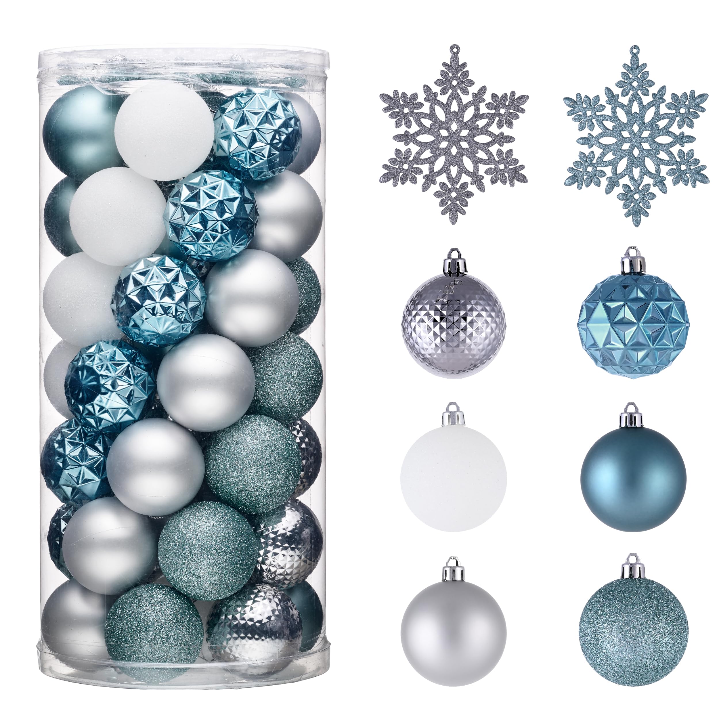 Valery Madelyn Lot de 50 boules de Noël incassables à suspendre pour sapin de Noël et Halloween du 4 juillet, 5,1 cm, bleu clair et argenté