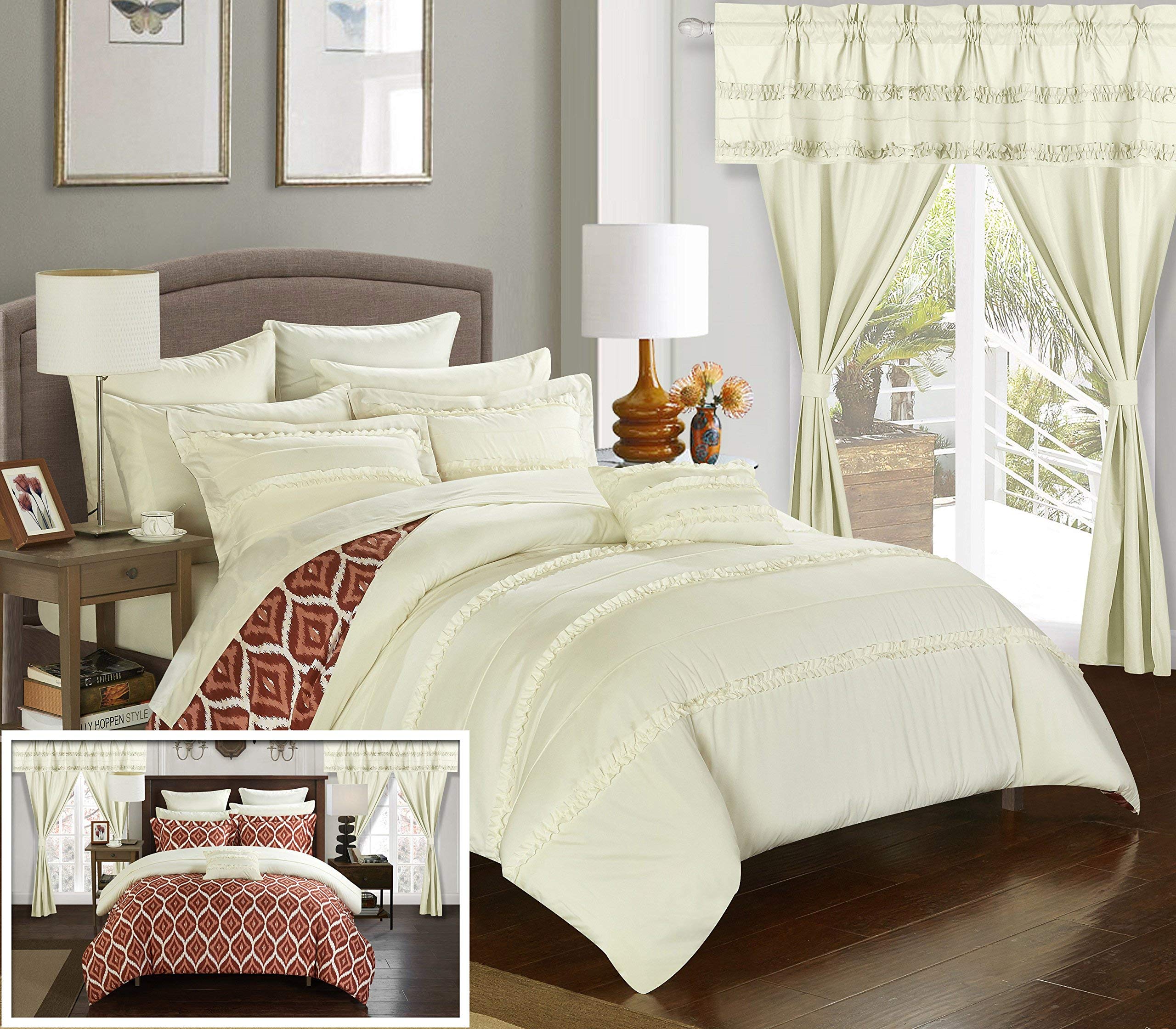 Chic Home 20 Piece Adina Complete Bed Room in a Bag Super Pinch Pleated Design Reversible Geometric Pattern Comforter, Sheets Set, Window Treatments and Decorative Pillows. King Beige